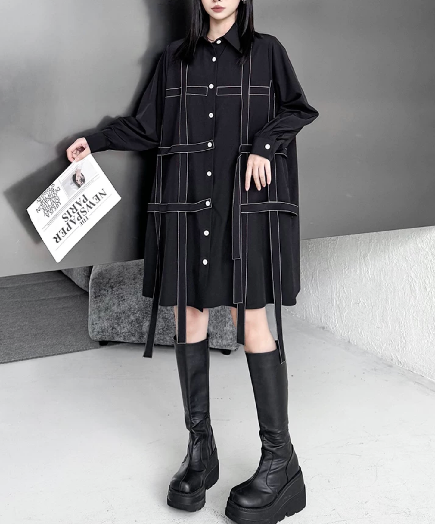 dark grid stitch decoration shirt EN2841