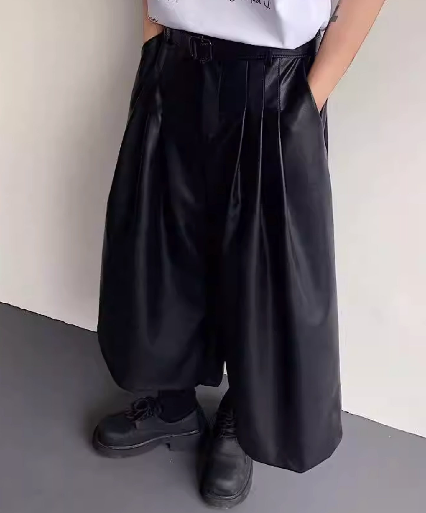 pu leather mid-length wide pants EN2835
