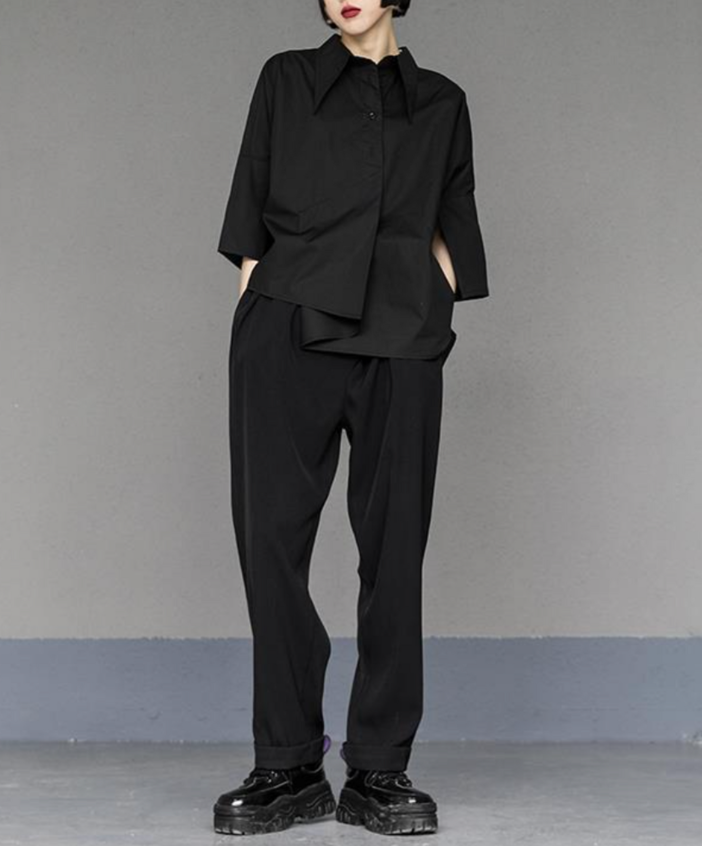 dark asymmetric tuck drape shirt EN2141
