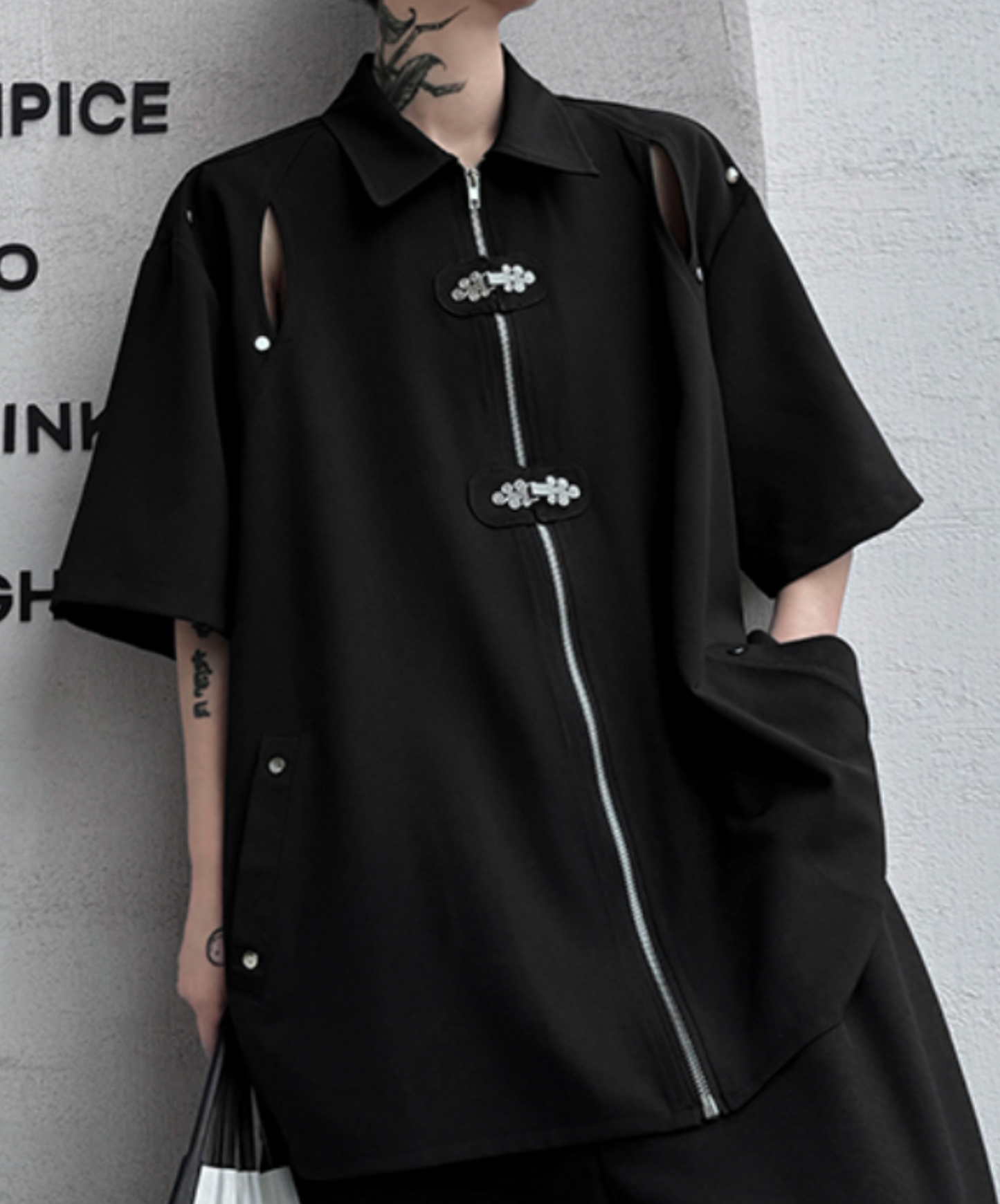 dark chinese style metal buckle slit zip shirt EN1744