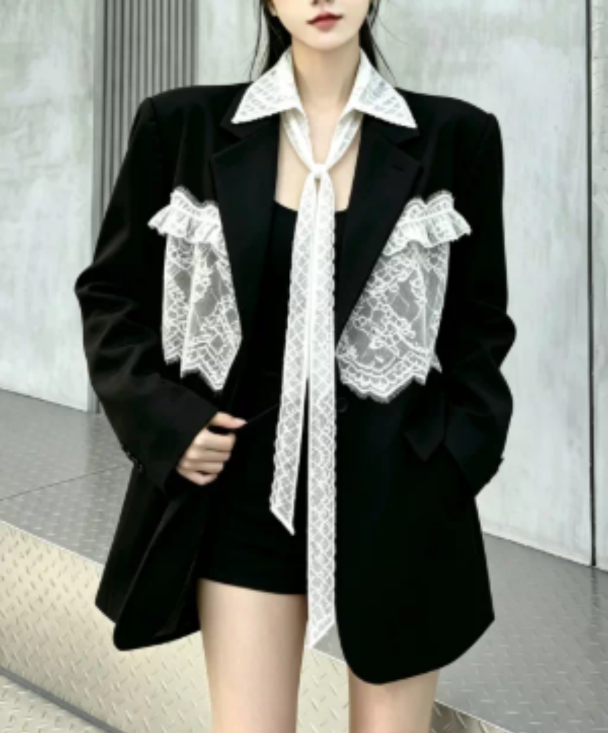 panelled design with a lace bow tie jacket EN3166