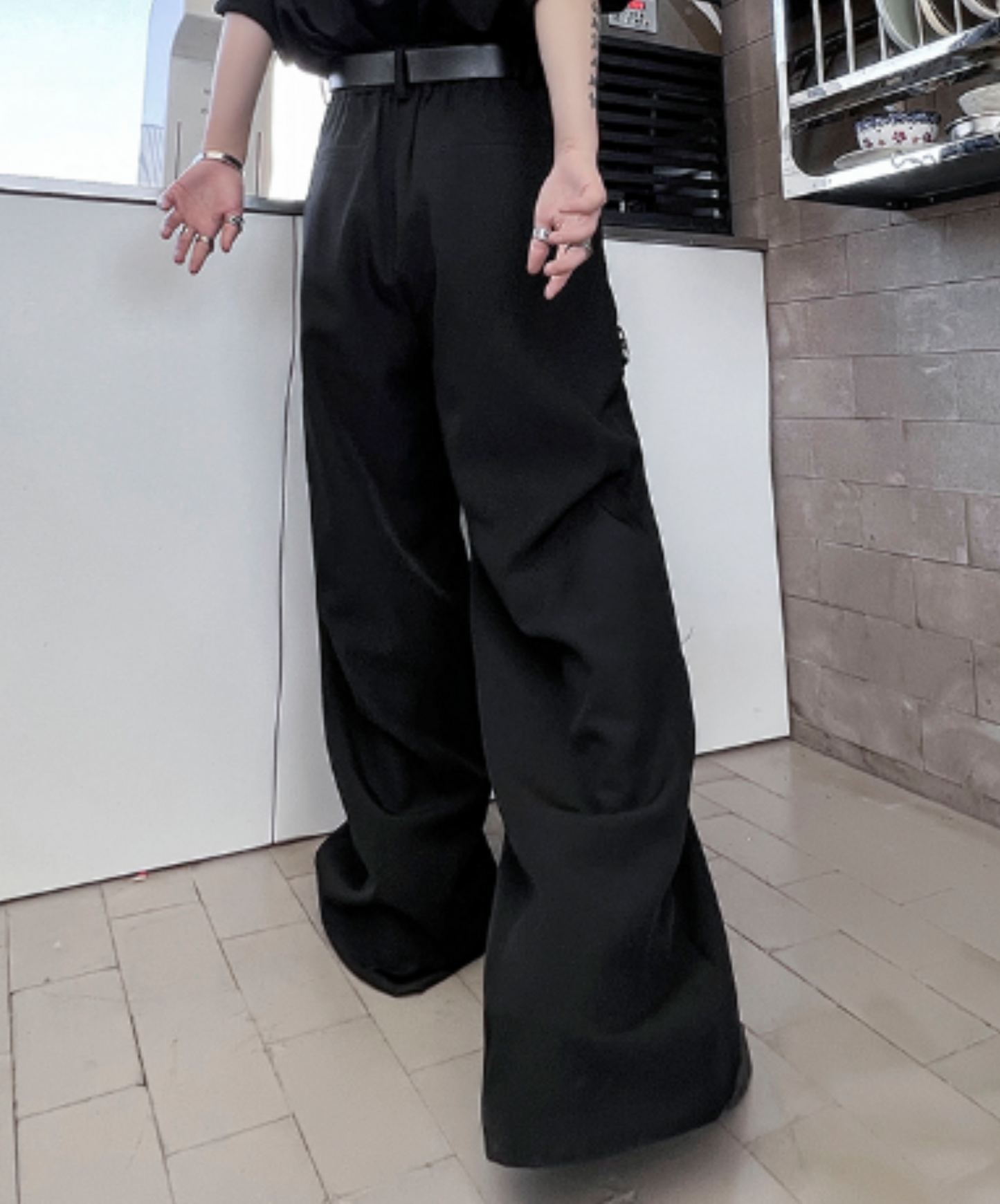 dark metal decorative lines wide pants EN2000