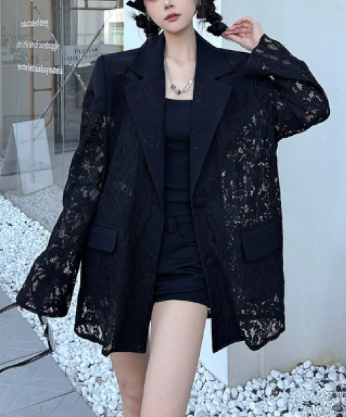 dark lace-panelled openwork design jacket EN3139