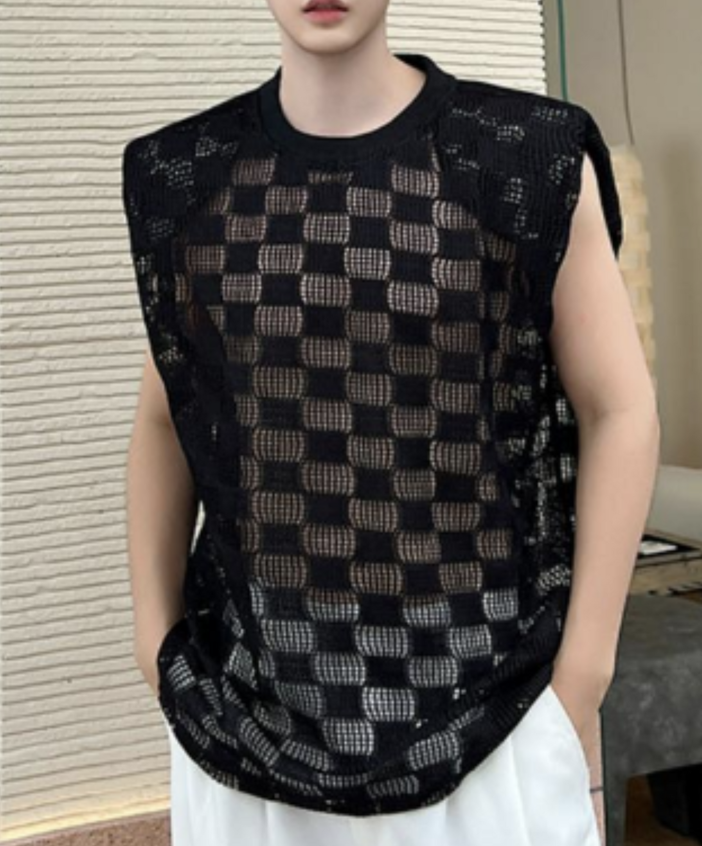 mesh check sleeveless shirt EN1025