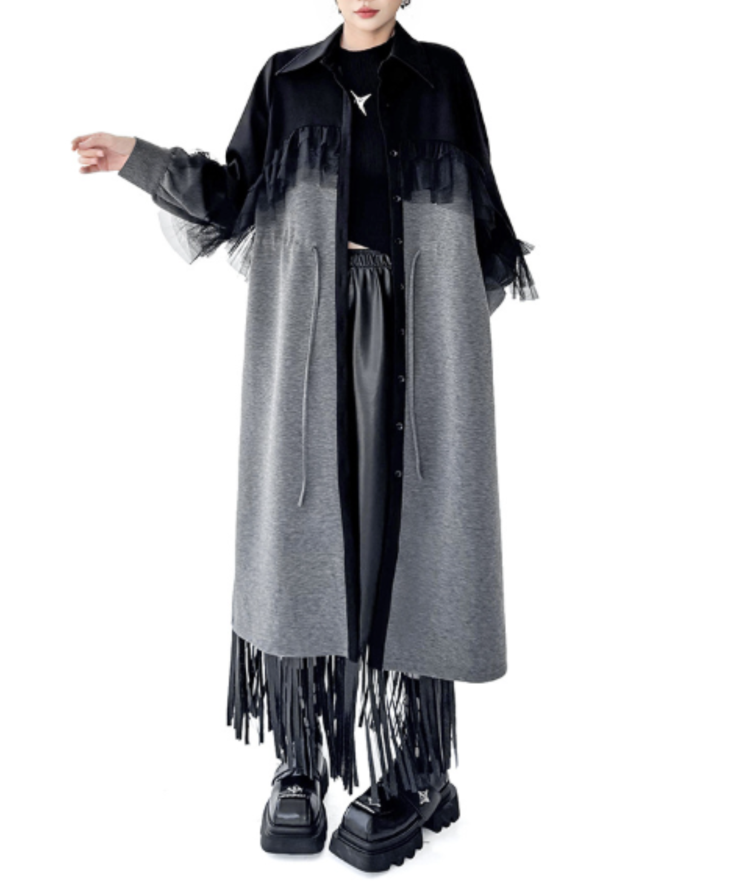 tulle patchwork and shibori detailing long shirt EN3133