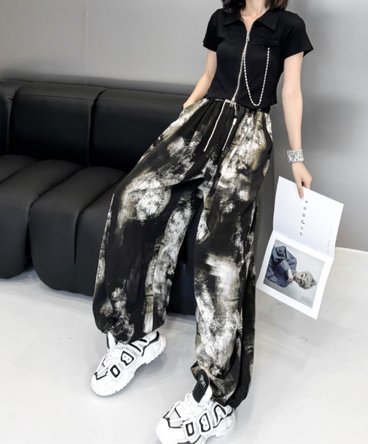 dark splicing drawstring pants EN2337