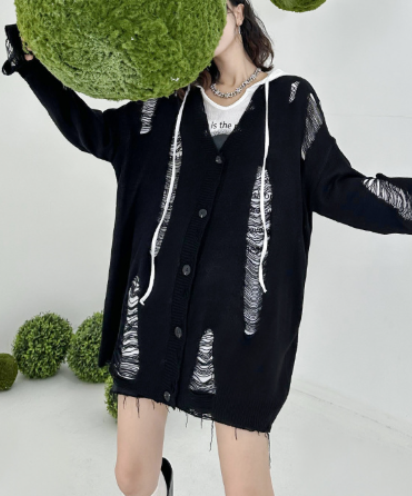 dolman-sleeve top with heavy distressing cardigan EN3123