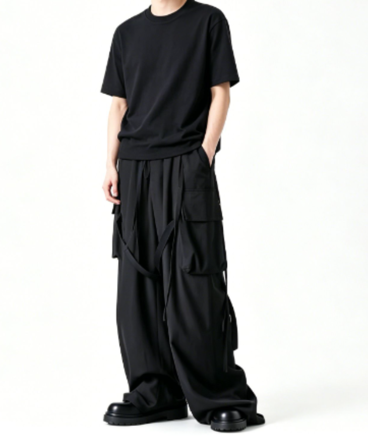 dark side flap pocket with strap wide pants EN3259