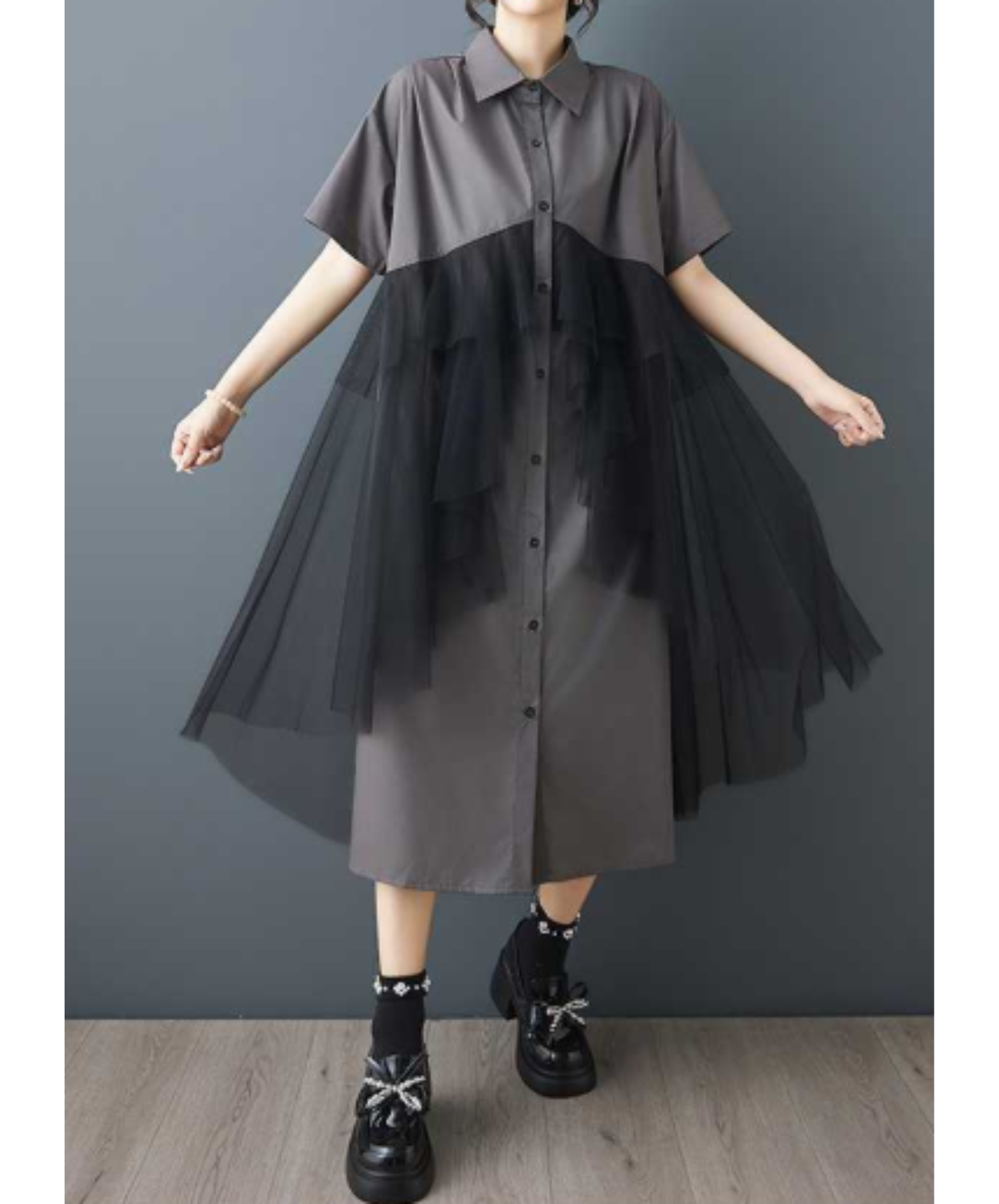 dark mesh patchwork long shirt EN3054
