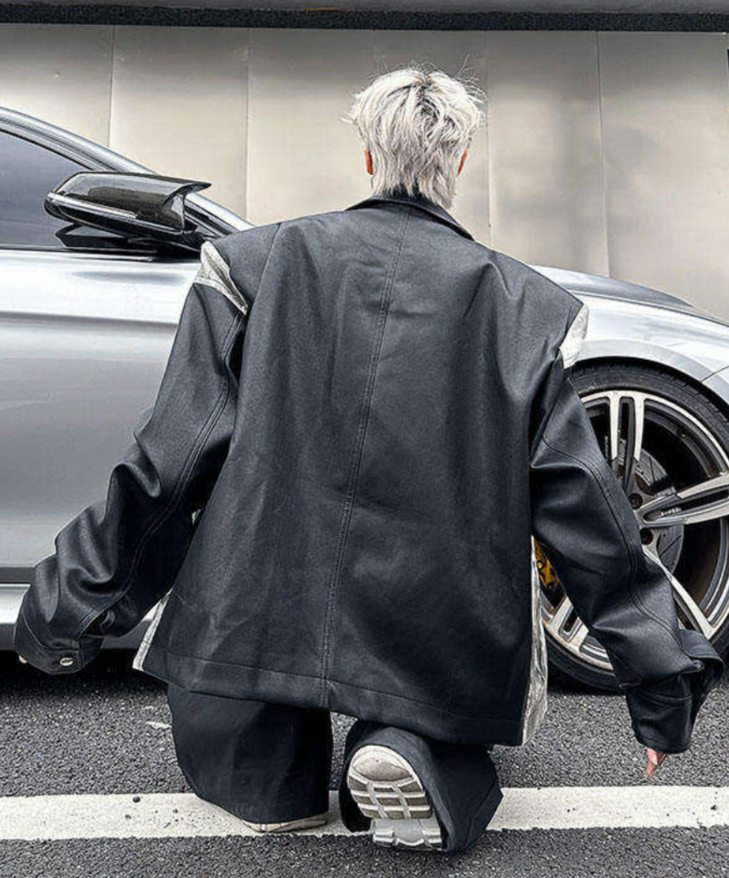 denim print x pu leather patchwork jacket EN2657