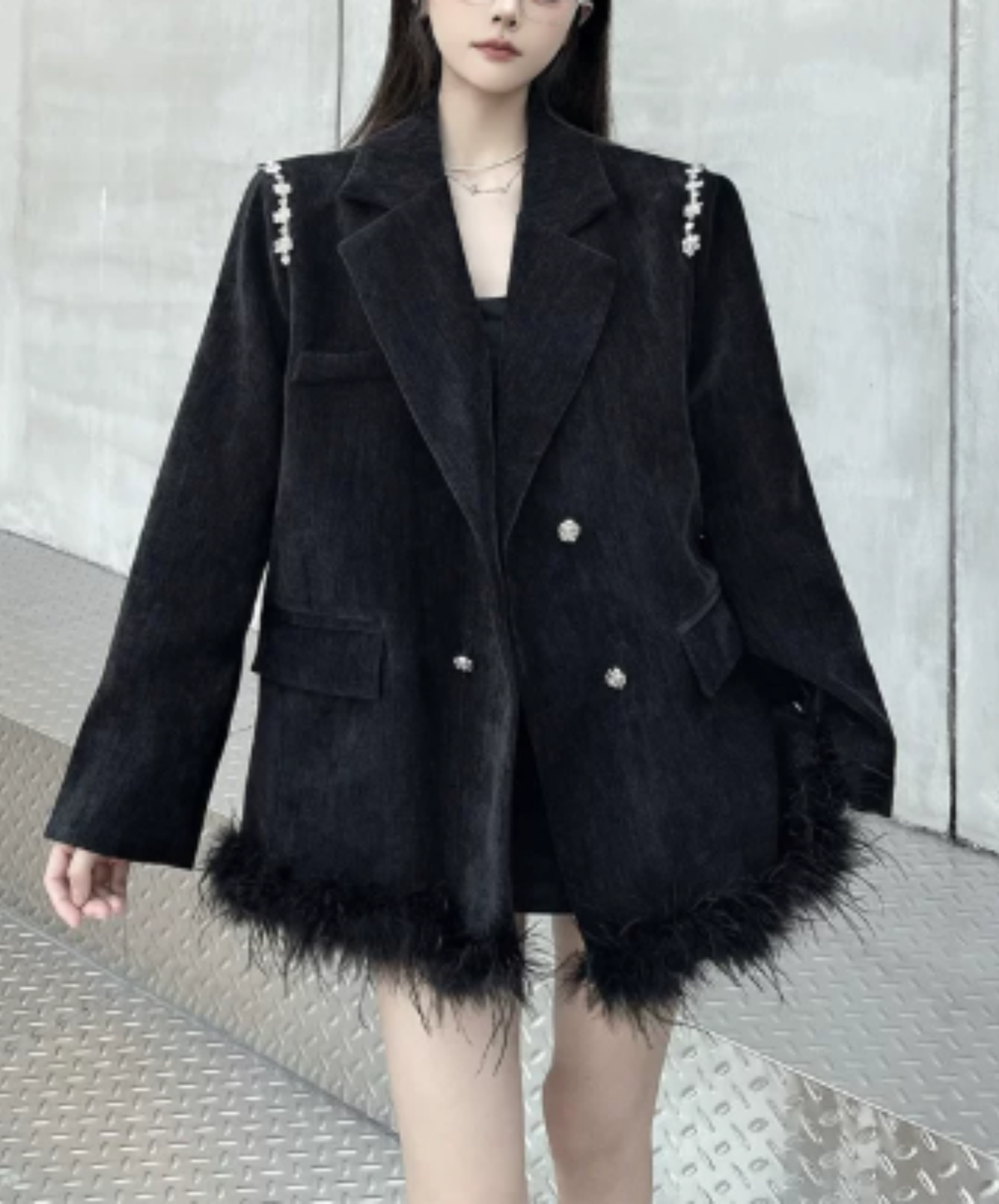 dark fur hem with floral lace embellishment jacket EN3191