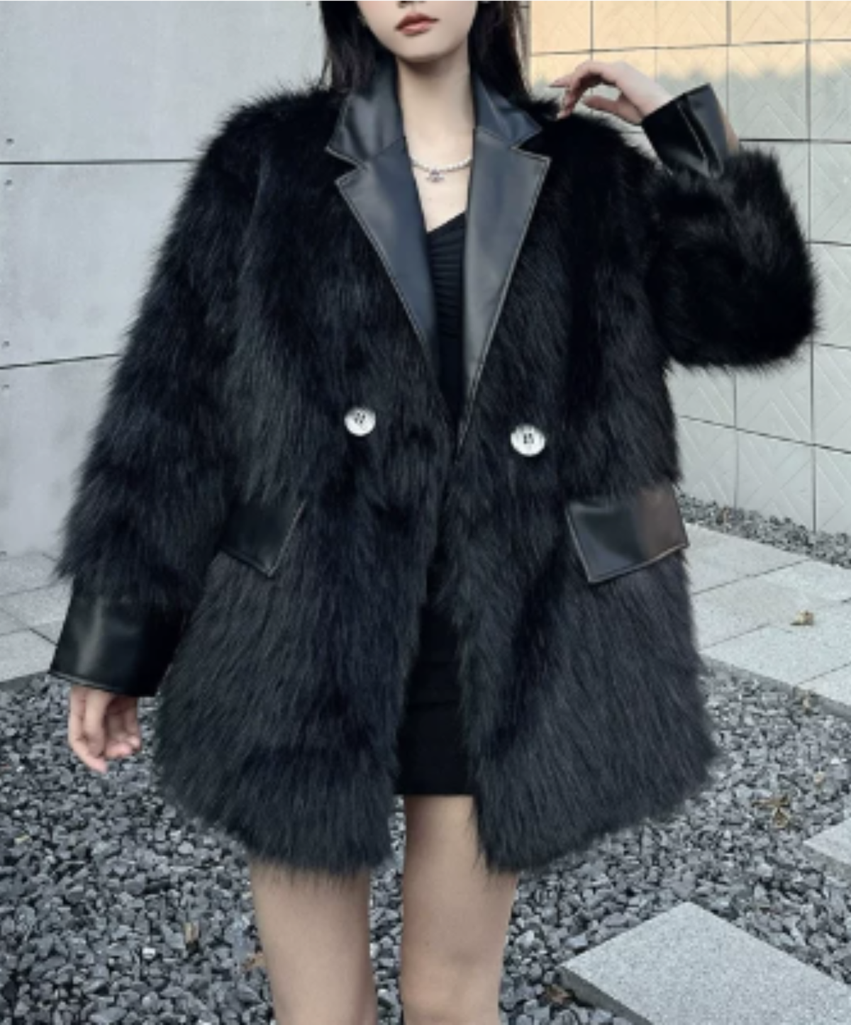 dark shaggy lapel mixed-material paneling jacket EN3188