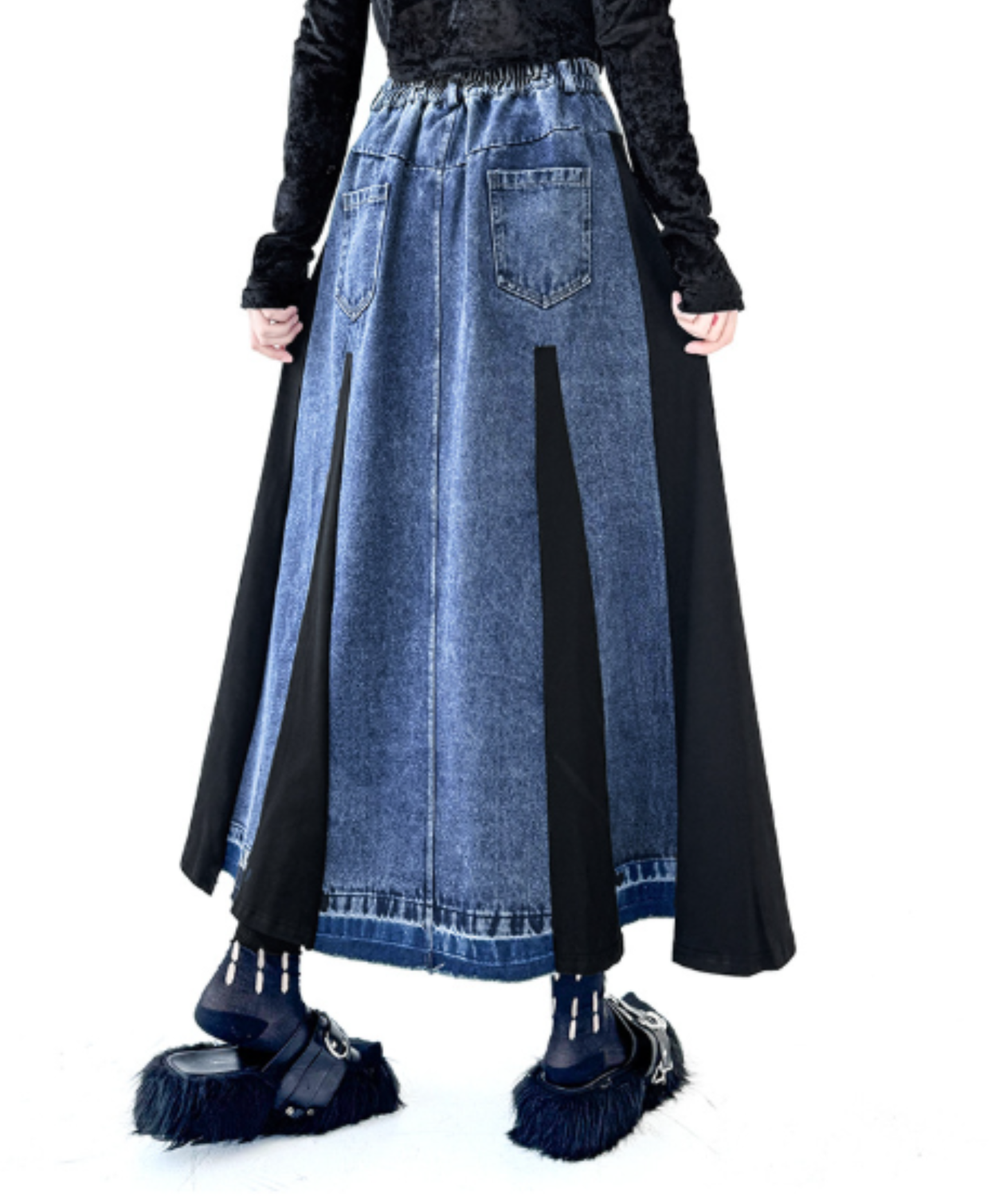 a-line denim patchwork piece skirt EN3113