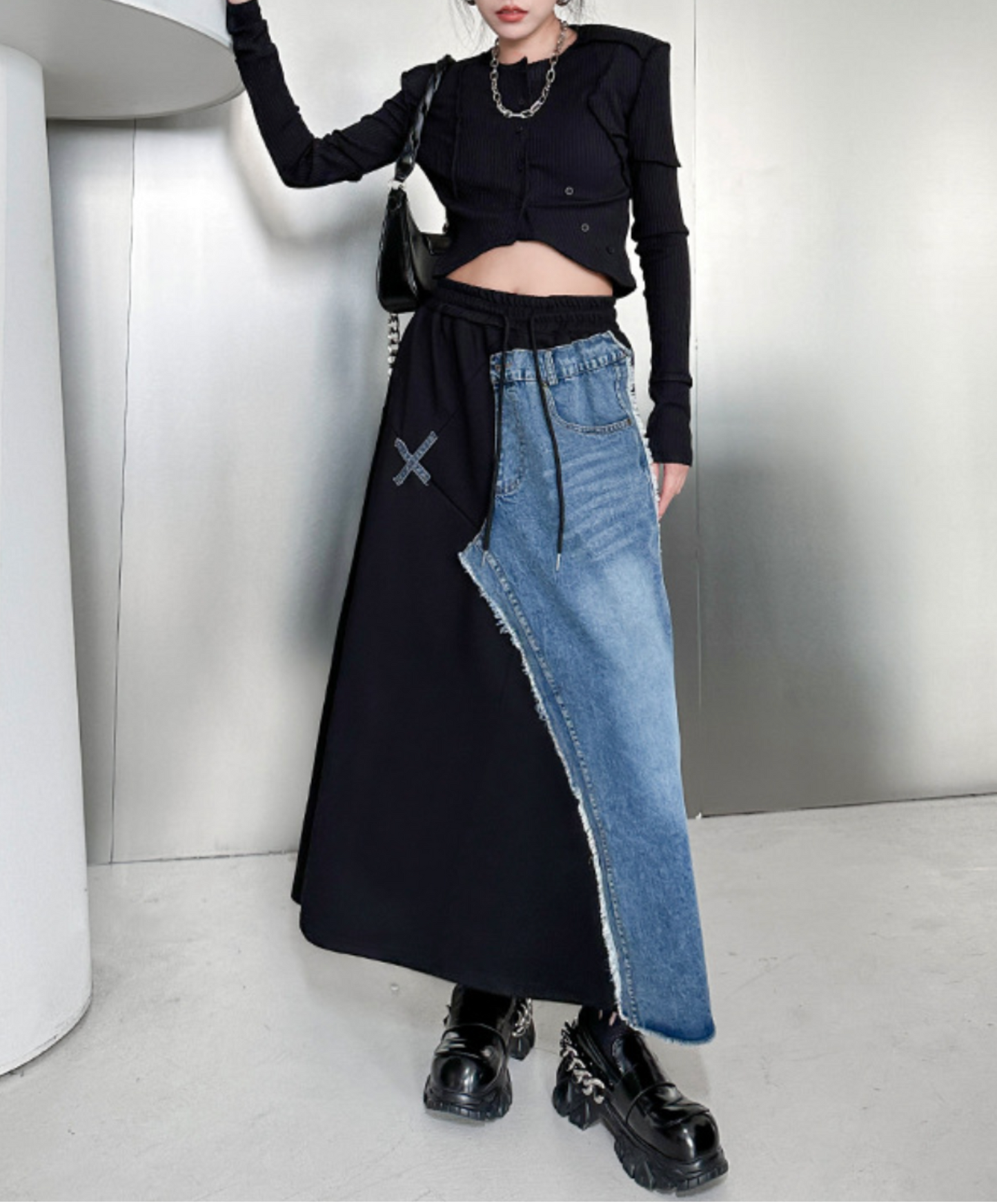 mixed material asymmetric skirt EN2276