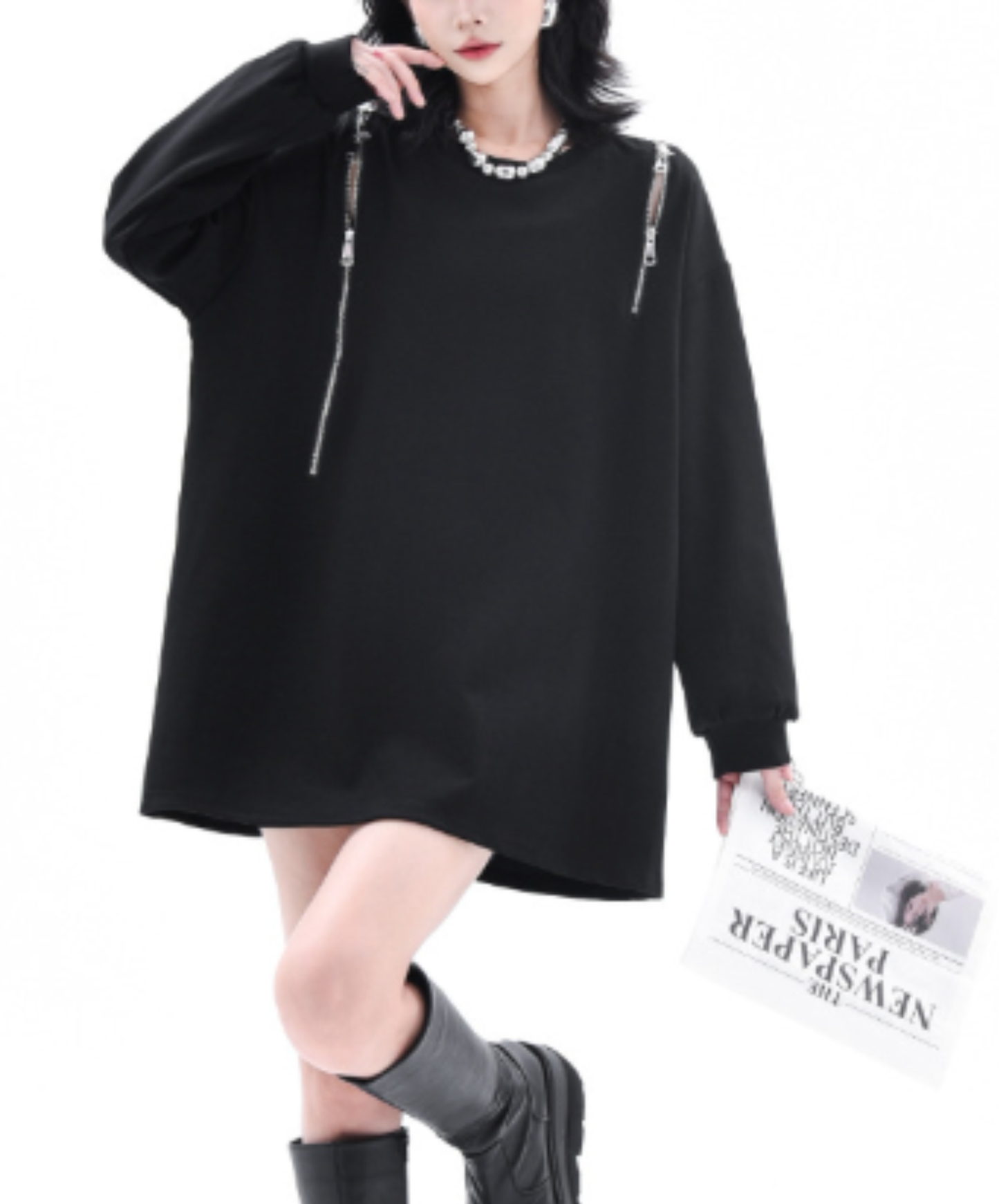 chain-pattern patchwork mid-length style sweatshirt EN3132