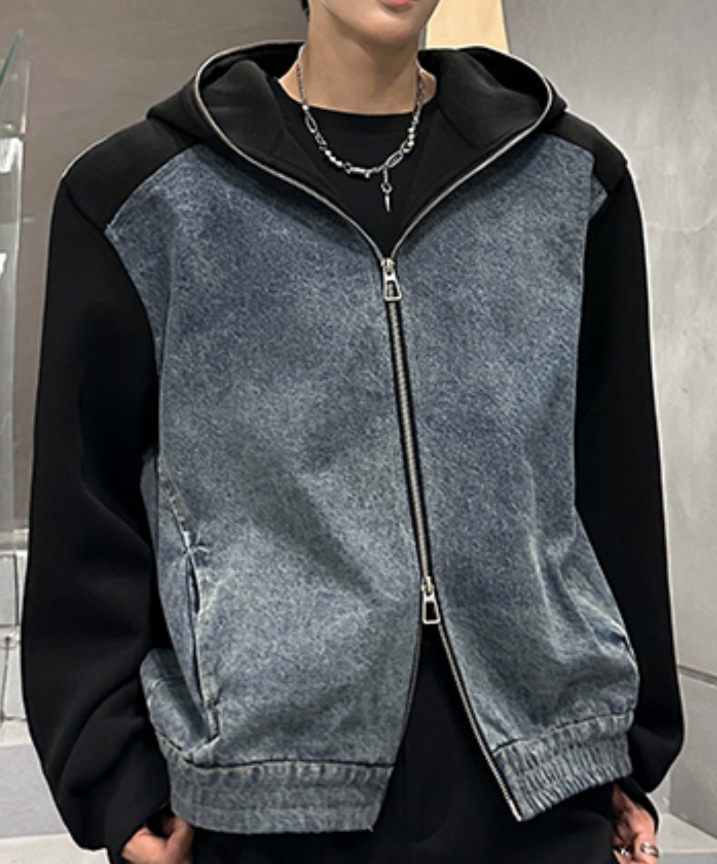 retro denim patchwork hoodie EN2476