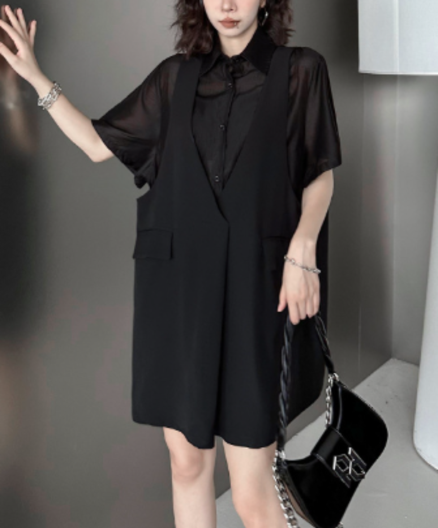 dark fake two-piece loose sheer shirt EN2977