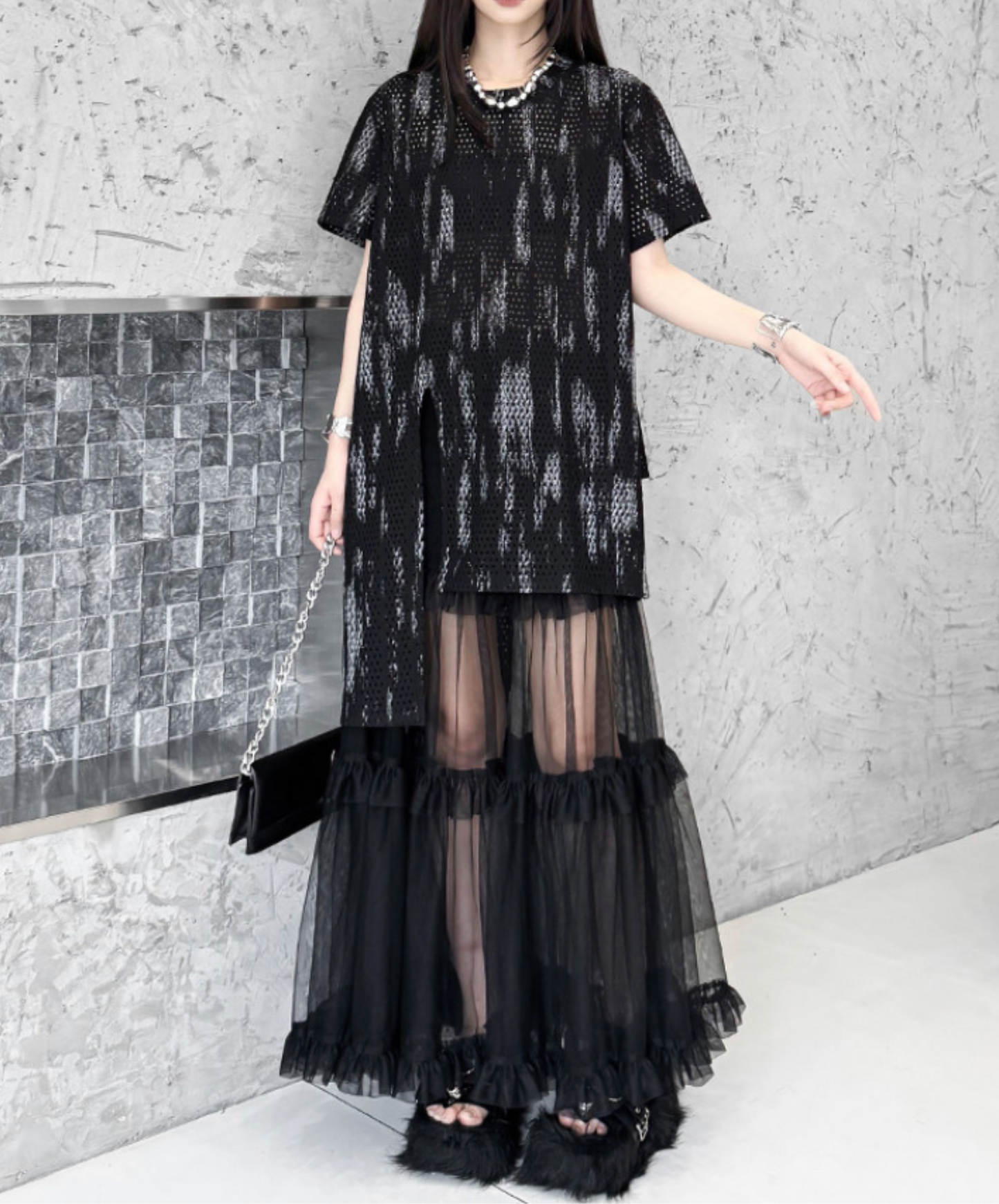 printed mesh asymmetrical t-shirt EN2840