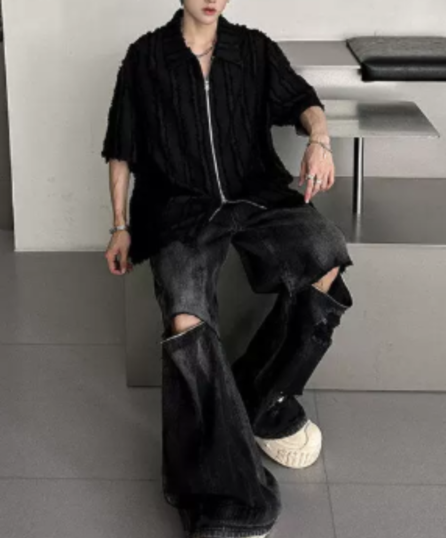 frayed design double zipper shirt EN2976