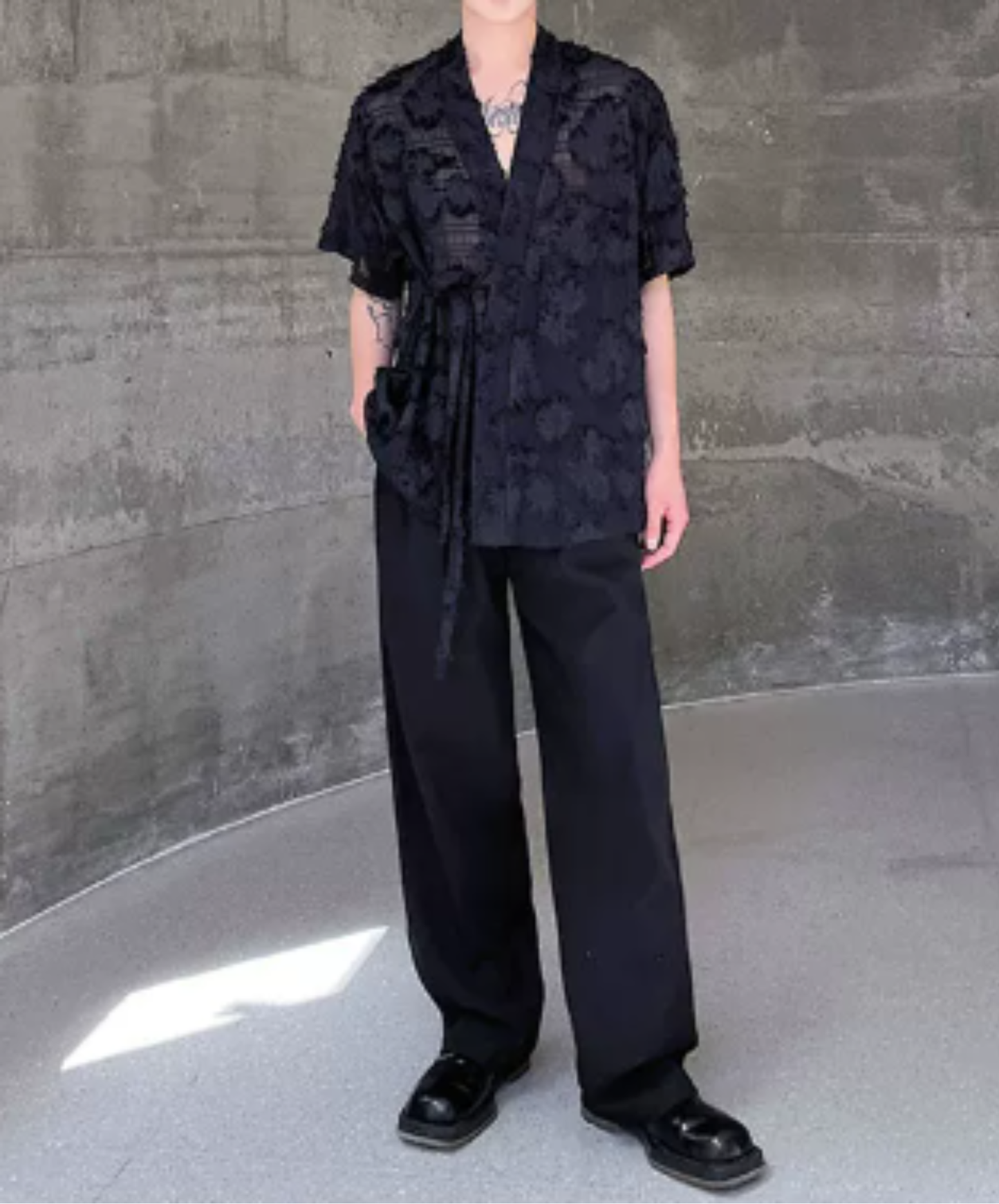 jacquard v-neck sheer shirt EN3020
