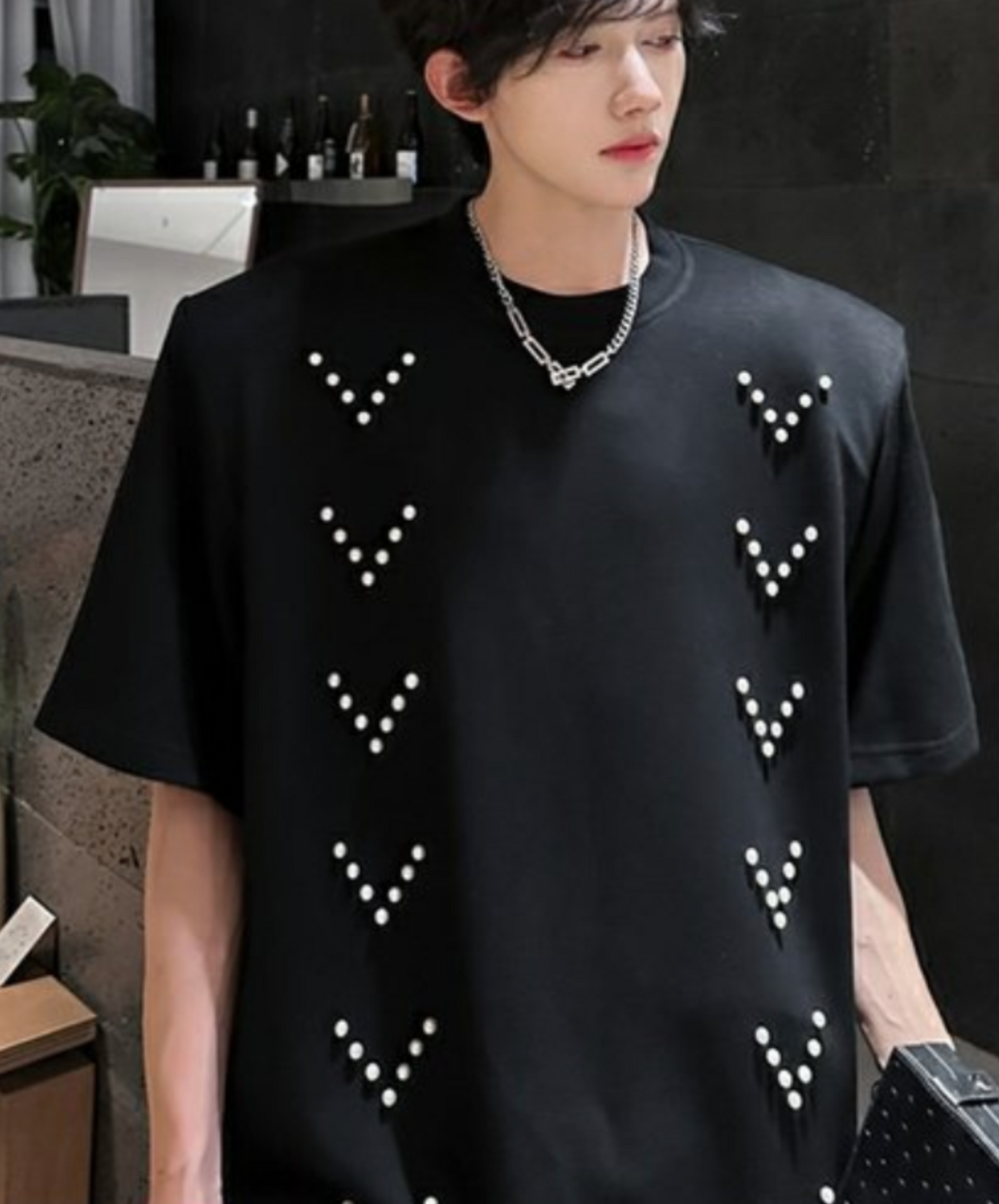 v pearl decoration t-shirt EN2090