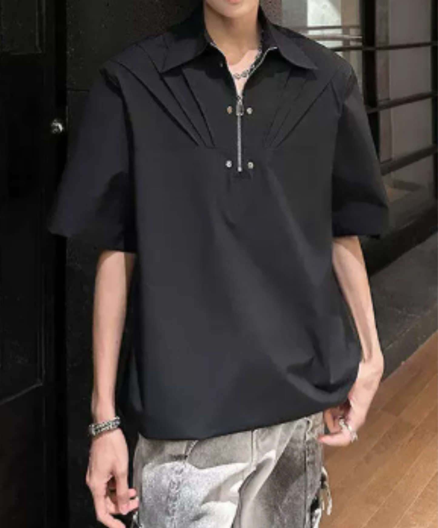 tuck shoulder metal zipper shirt EN2927