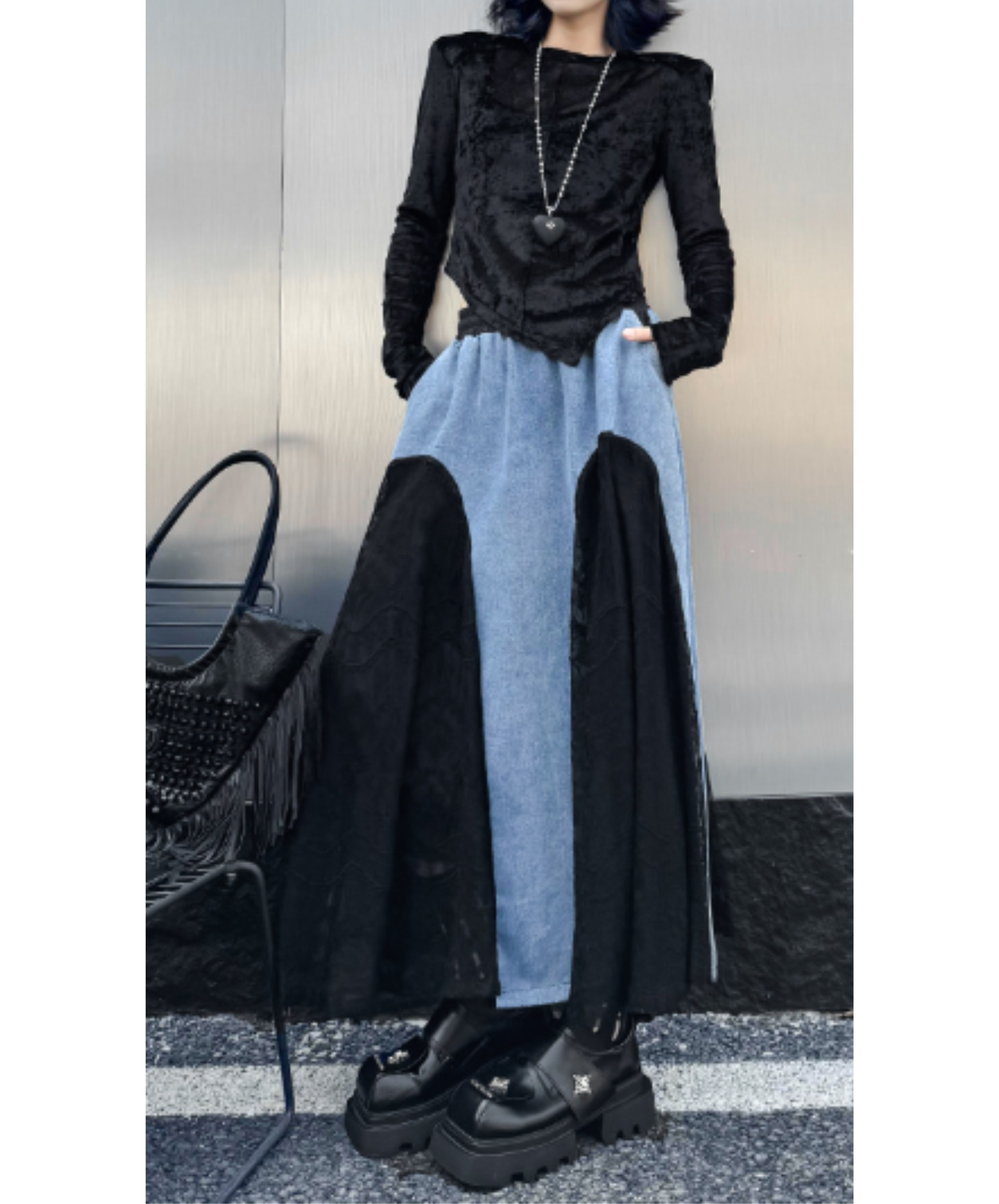 denim x lace patchwork skirt EN2894