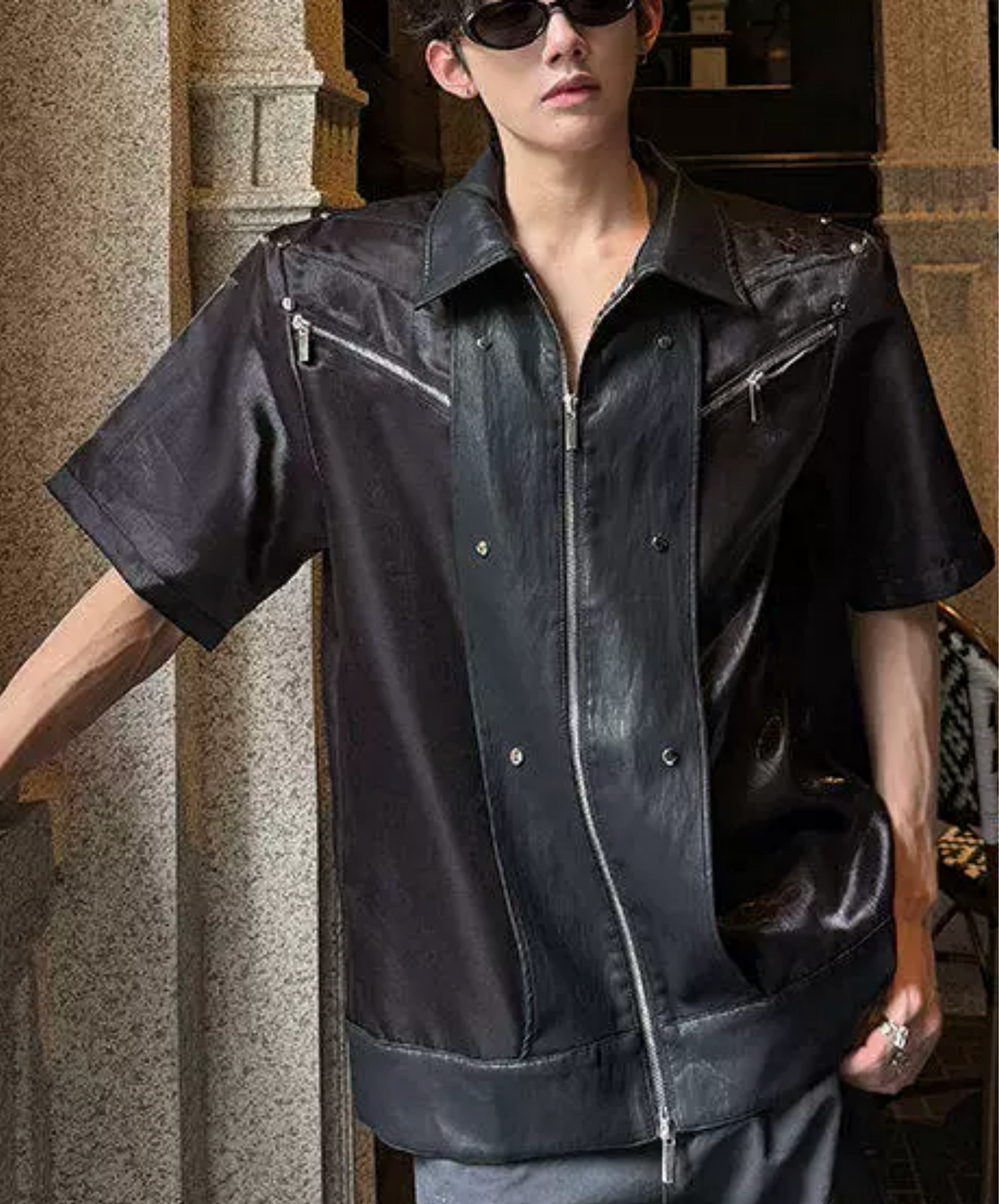 zip-up glossy studs shirt EN2859