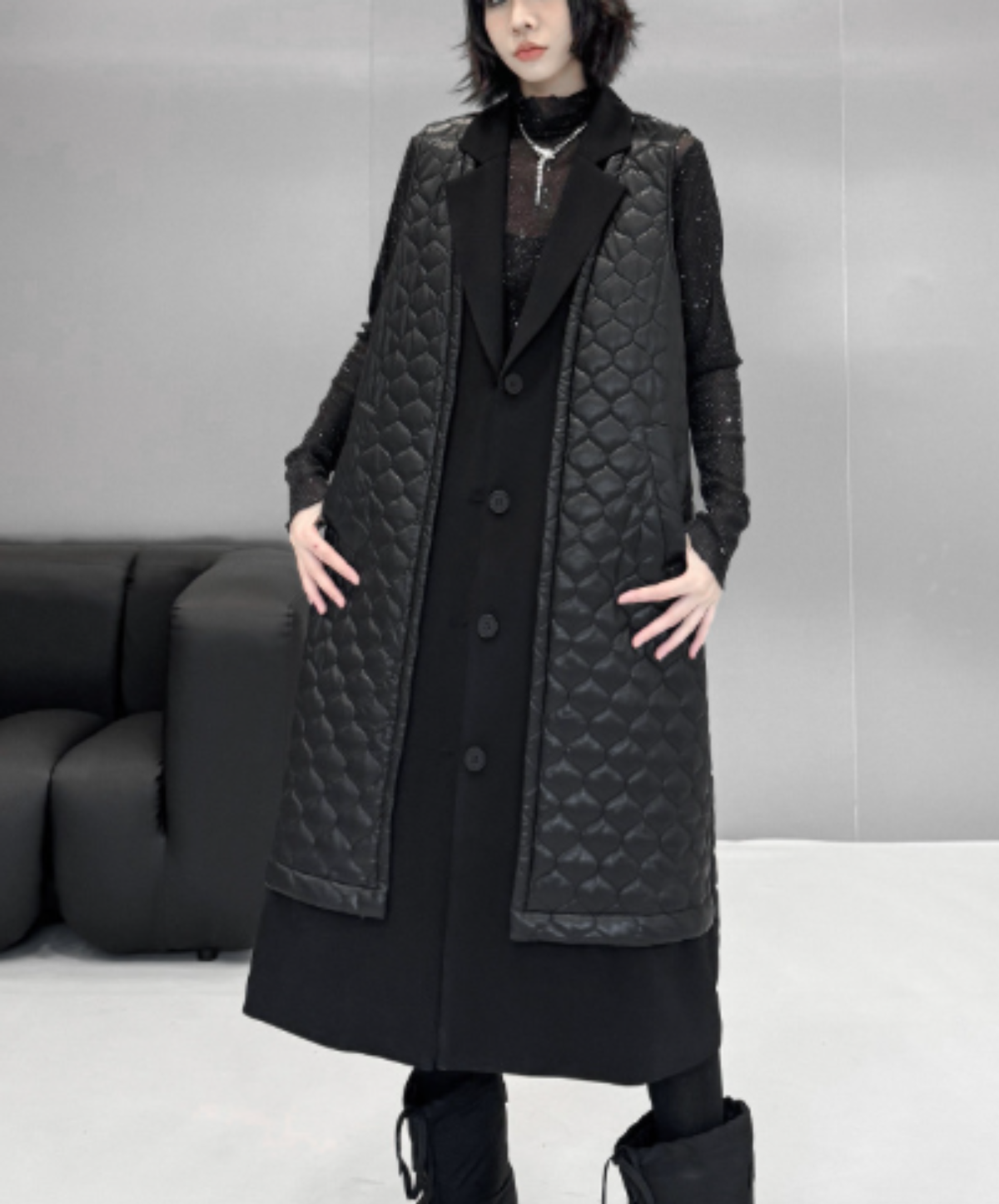 quilted-pattern lapel panel vest  EN3200
