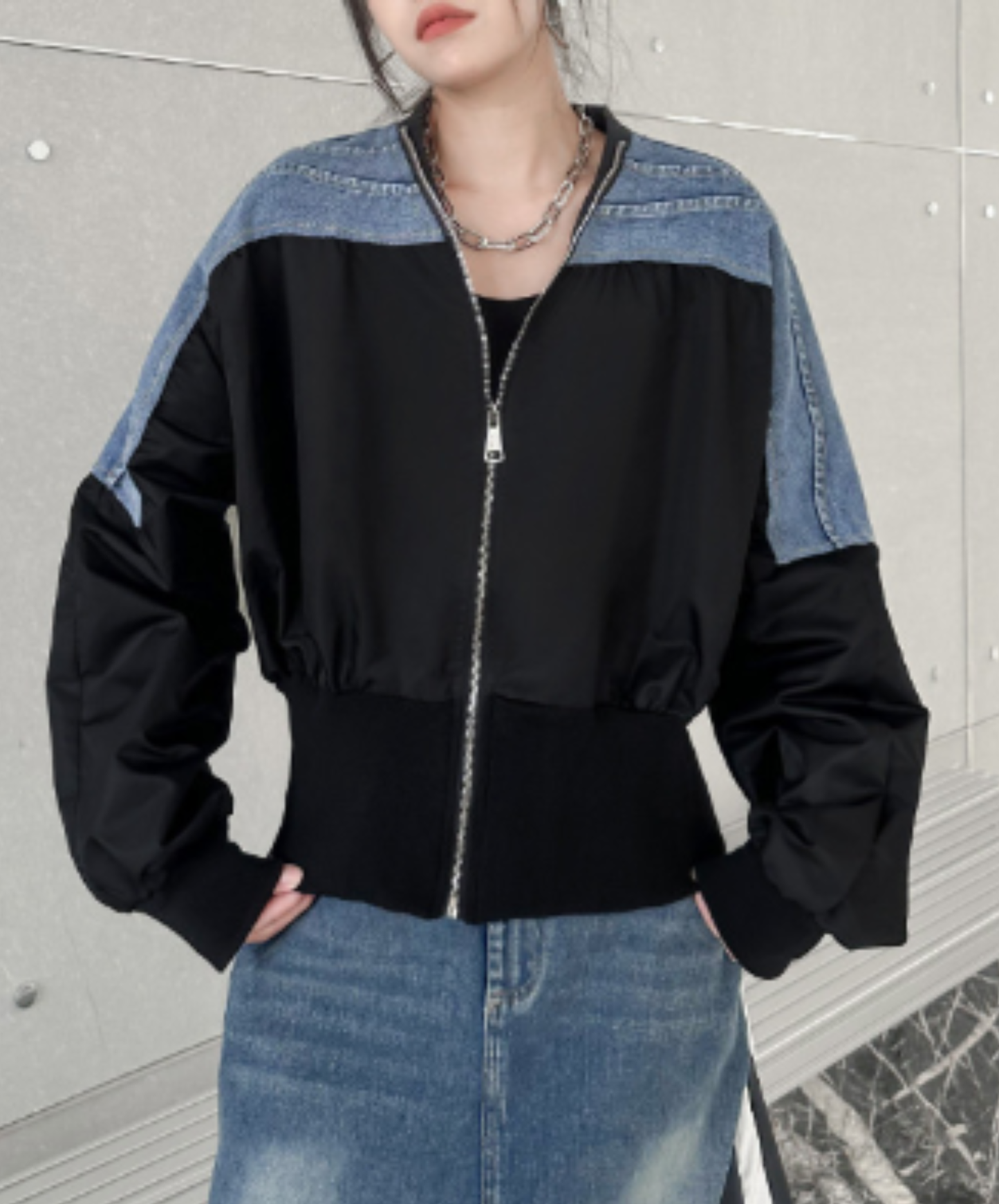 cropped denim patchwork style zipper jacket EN3112