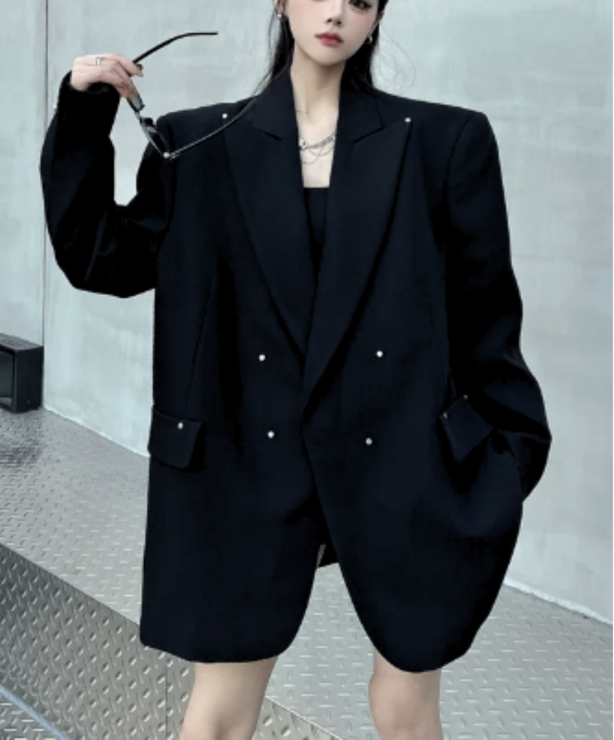 dark shaggy lapel mixed-material paneling jacket EN3190