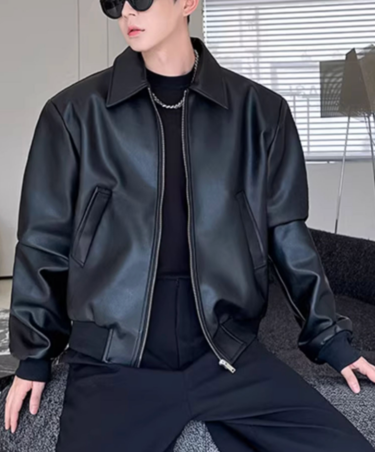 pu leather rib jacket EN2462