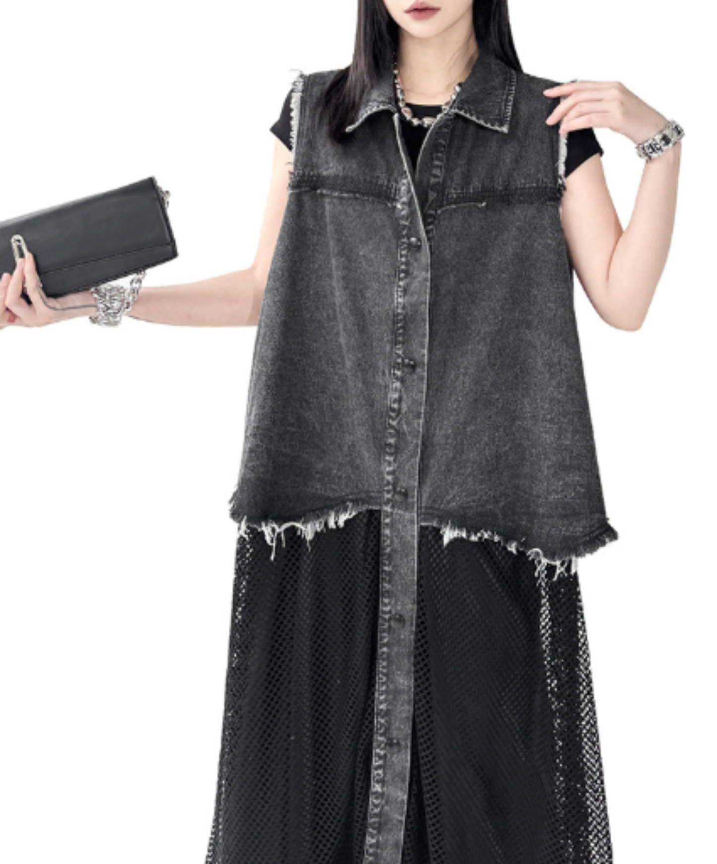 denim patchwork mesh long shirt EN3047