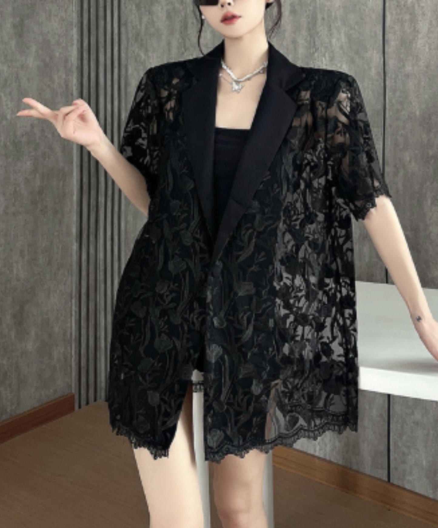 embroidered mesh patchwork jacket EN2966