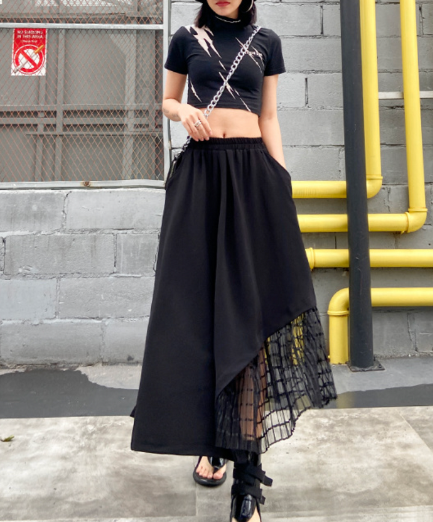 mixed material stitch mesh skirt EN2331