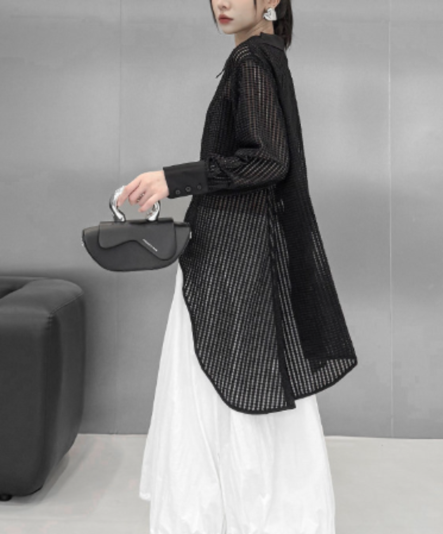 dark Irregular design ring fastener sheer shirt EN2967