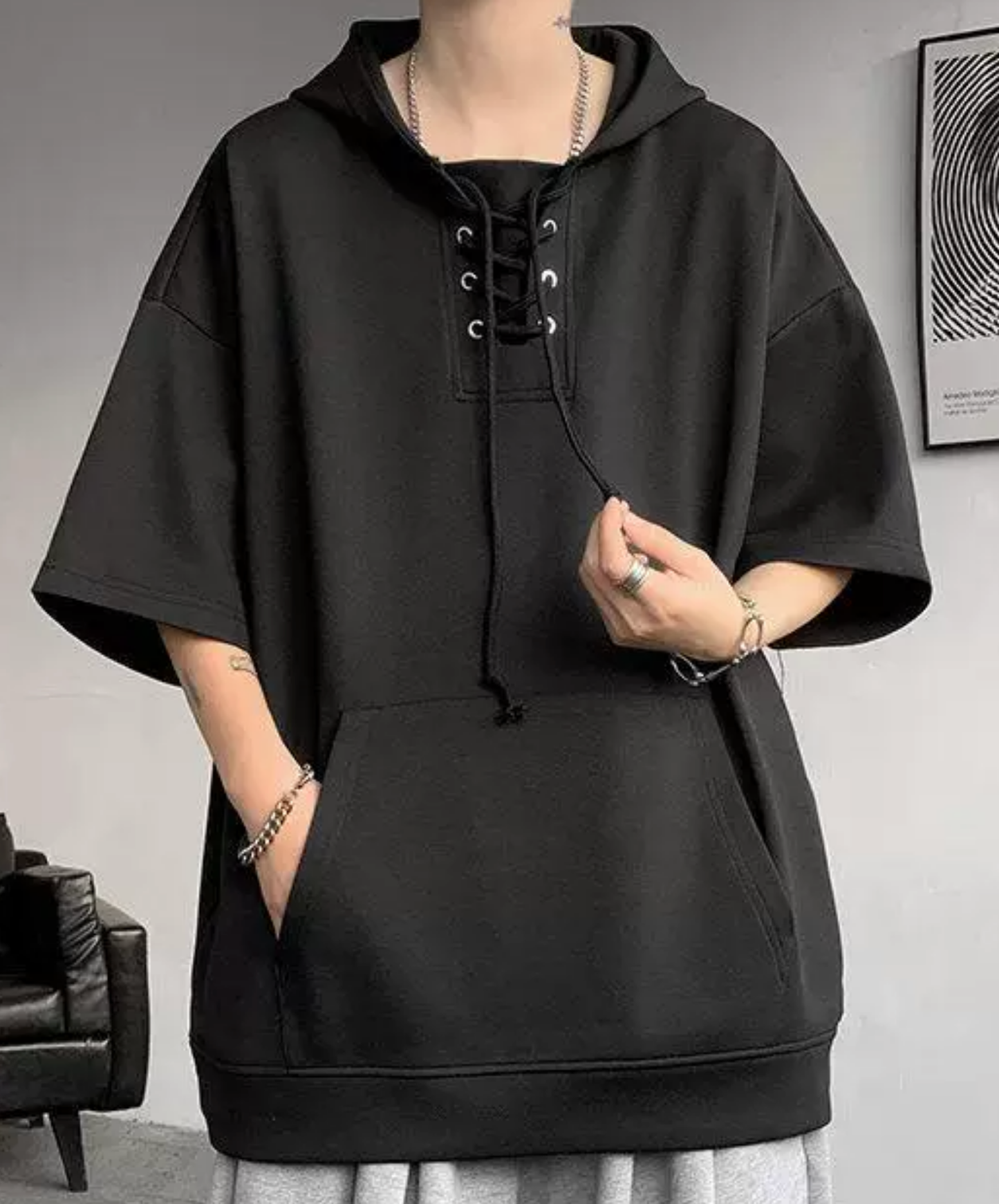 lace-up drawstring design hoodie EN2846
