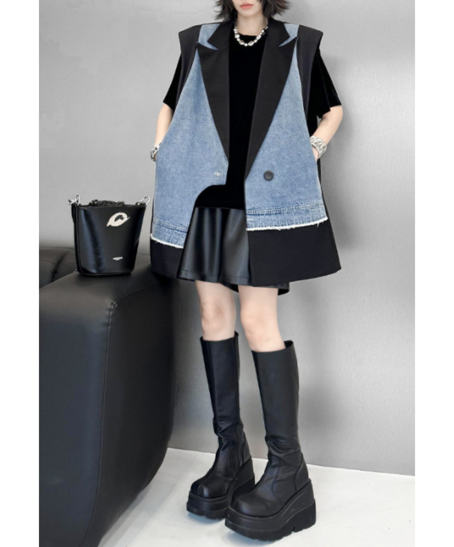 denim patchwork asymmetric vest EN2893