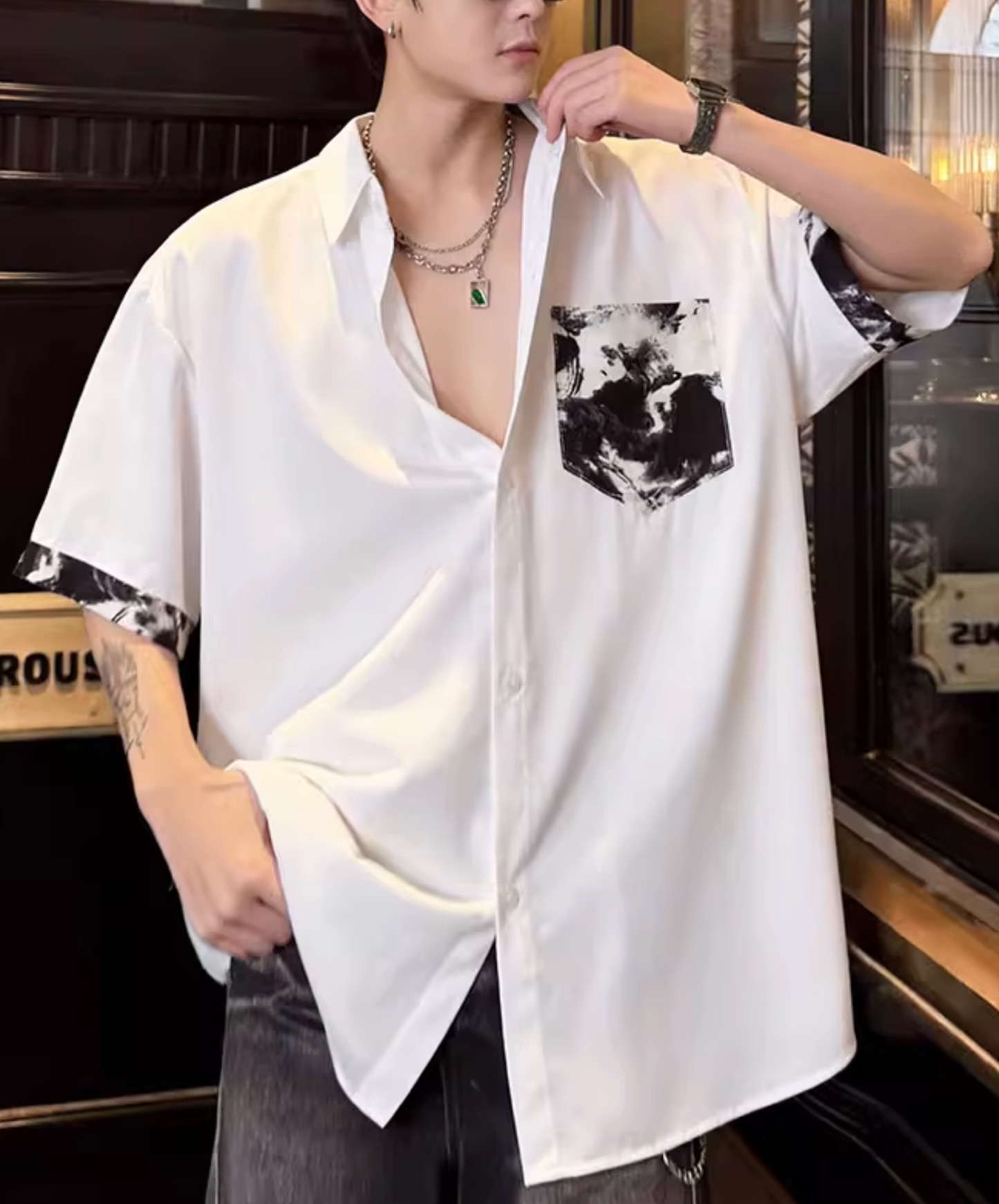dark color block print shirt EN2800