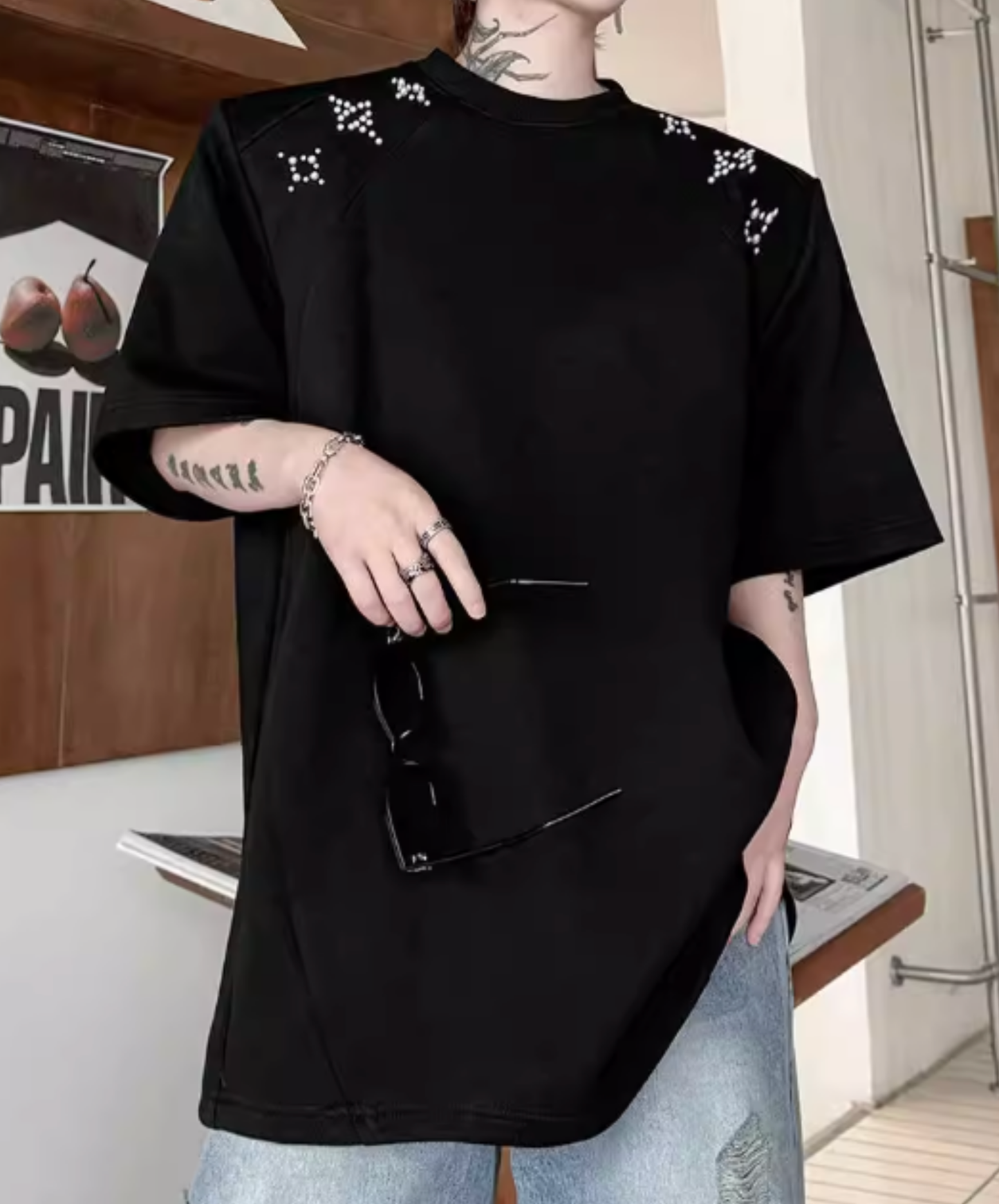 sparkling star motif bead decoration t-shirt EN2827