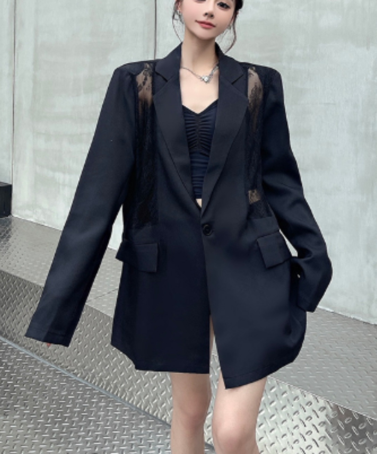 sheer lace panel design jacket EN3184