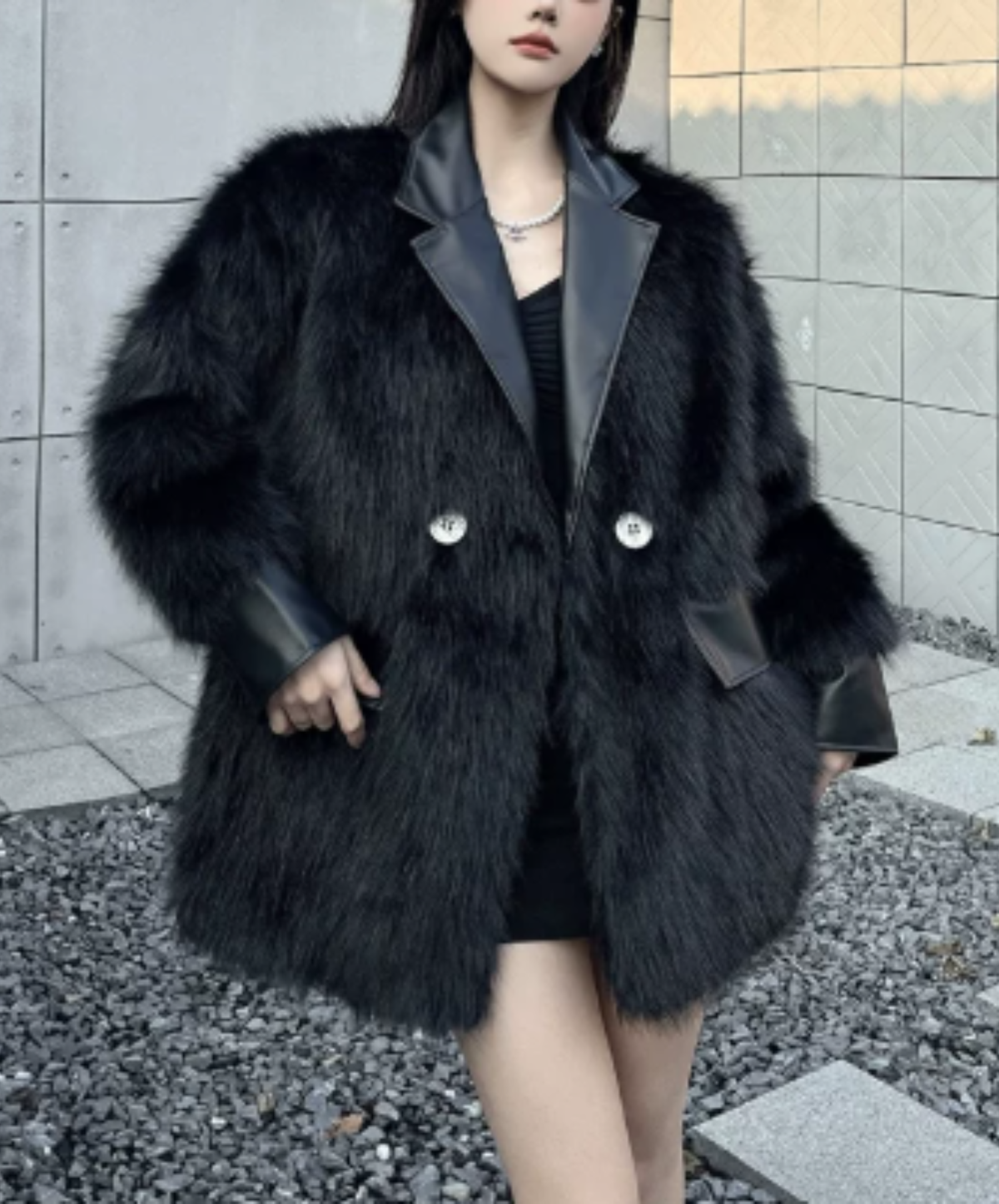 dark shaggy lapel mixed-material paneling jacket EN3188