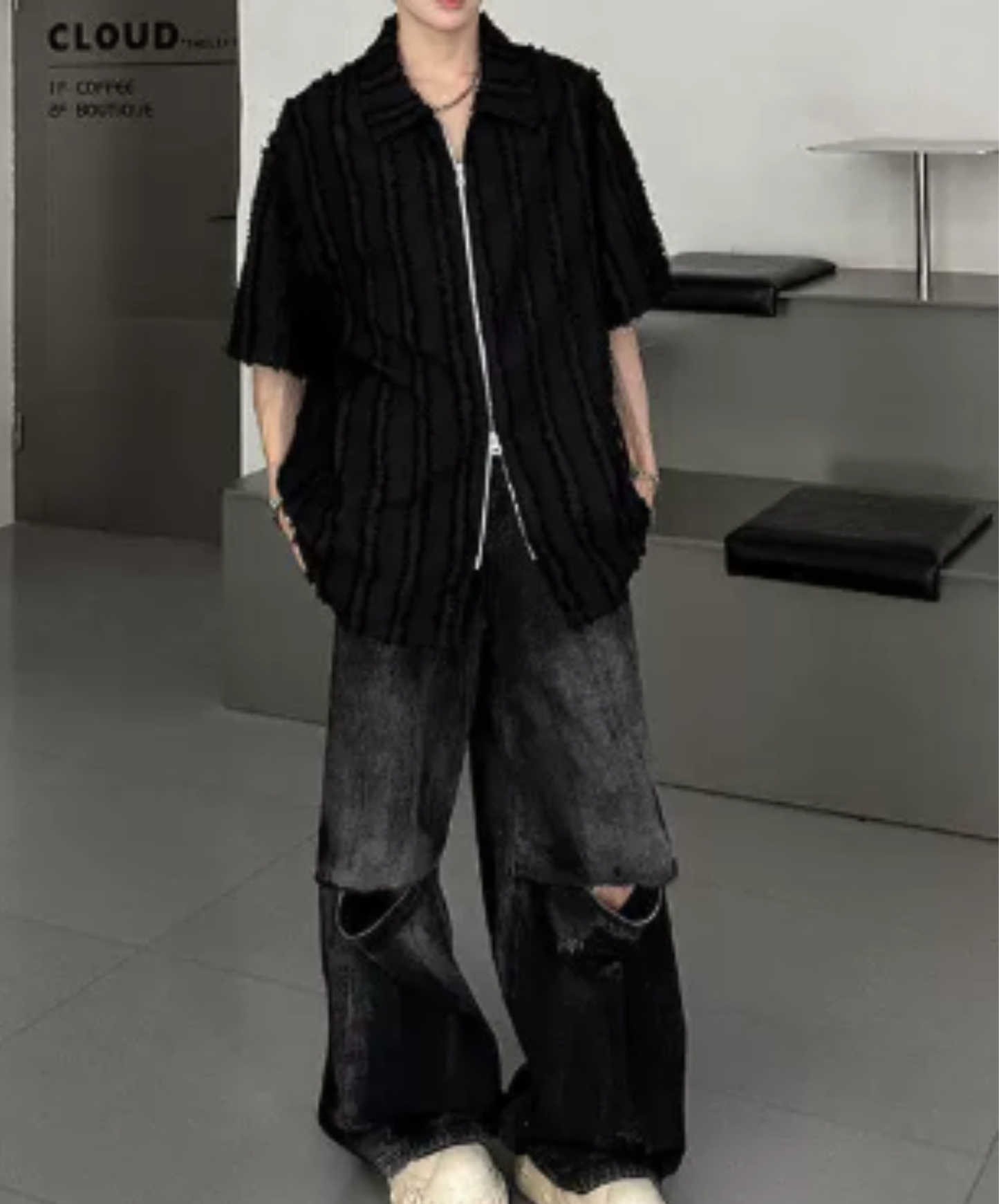 frayed design double zipper shirt EN2976