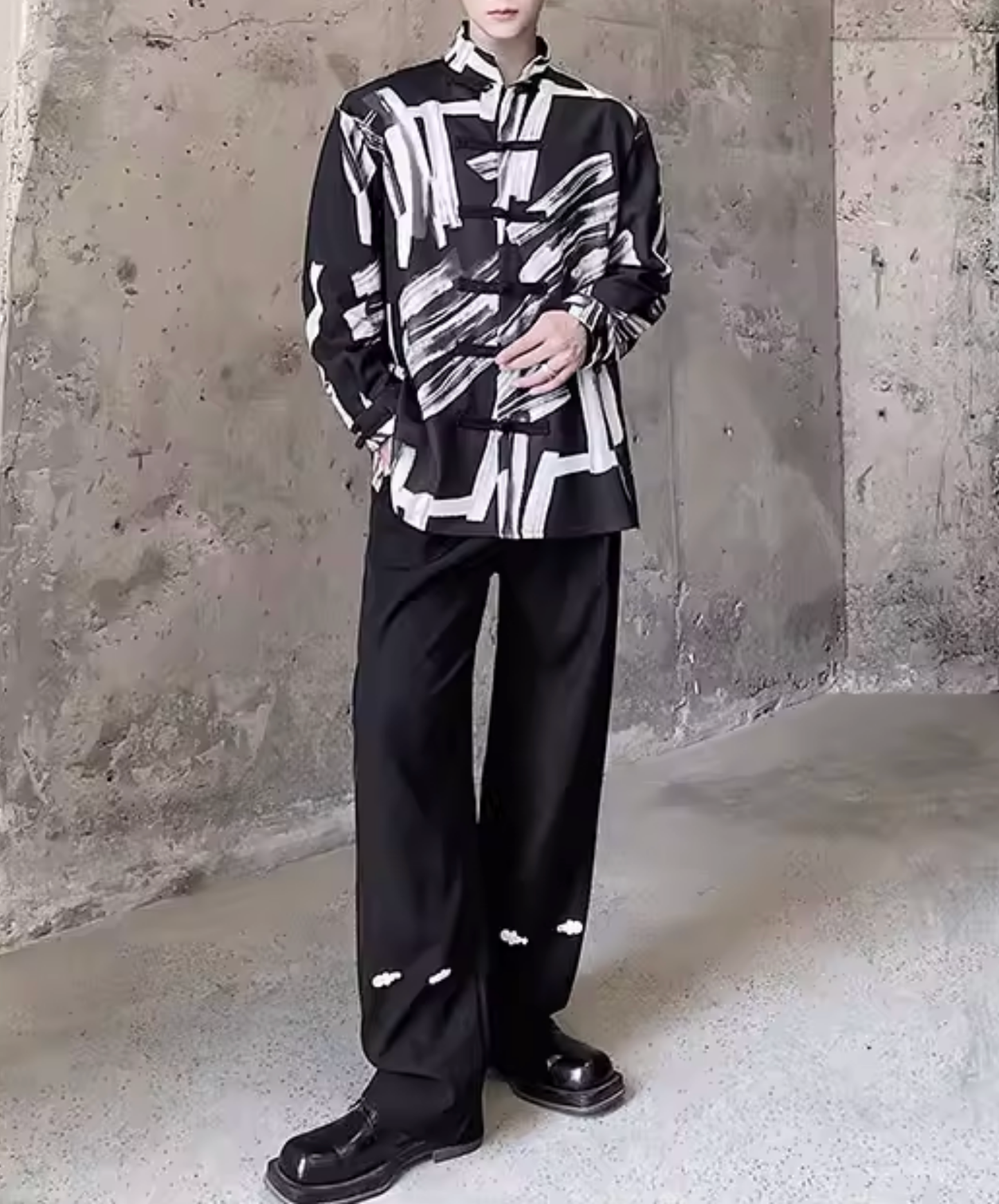 splicing print stand collar shirt EN2819