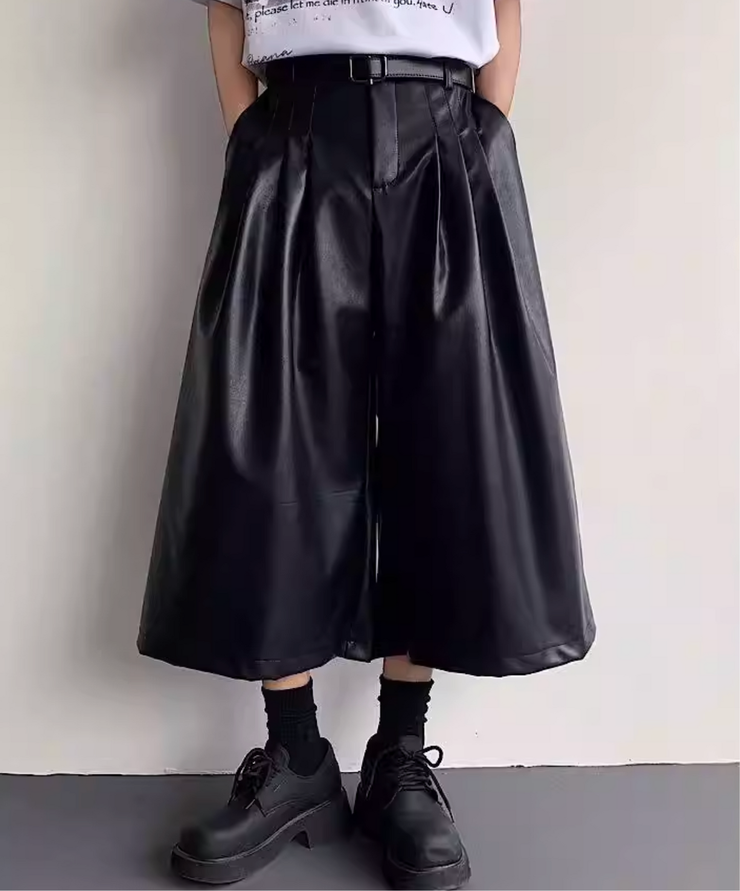 pu leather mid-length wide pants EN2835