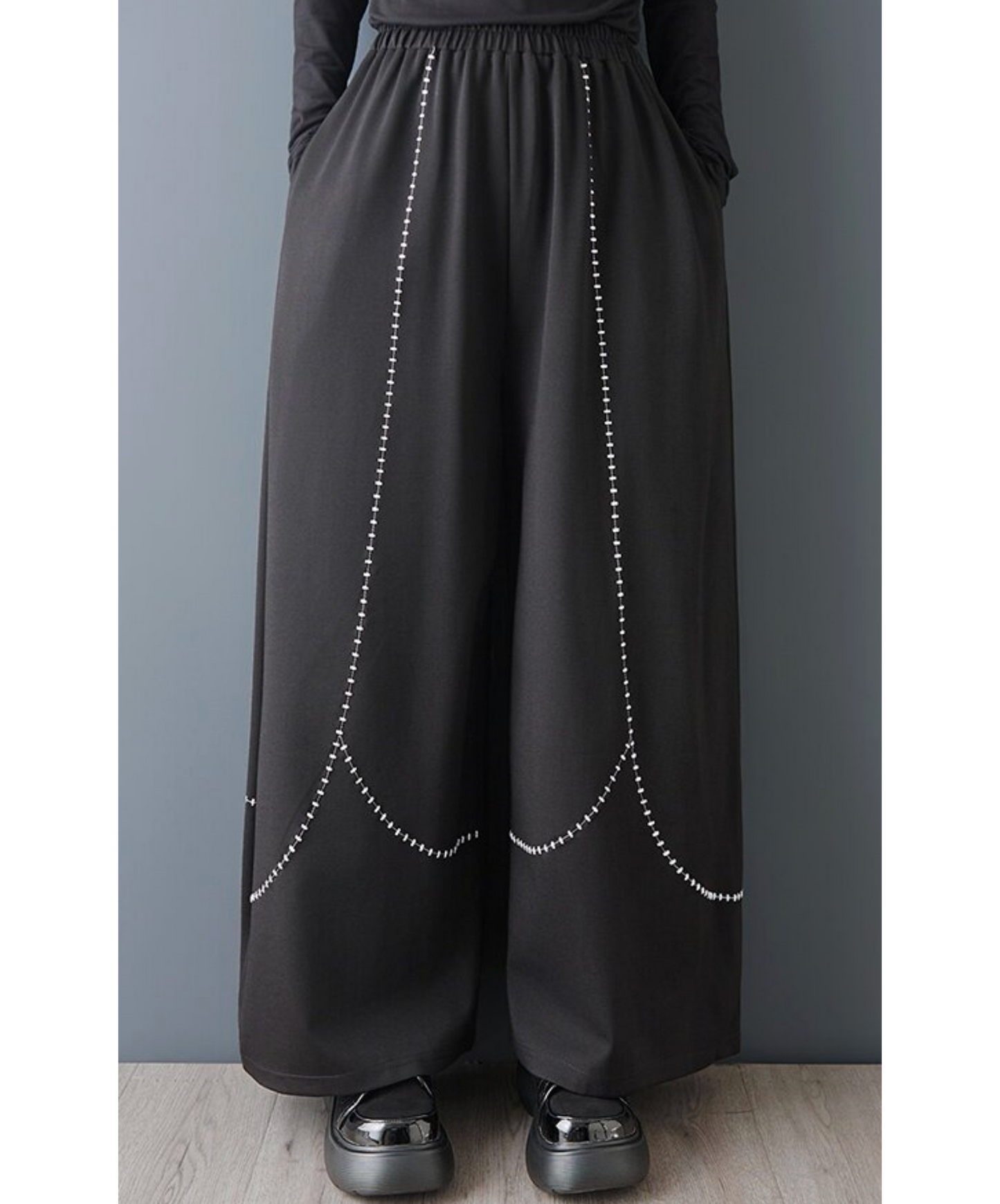 dark embroidery color block wide pants EN2728