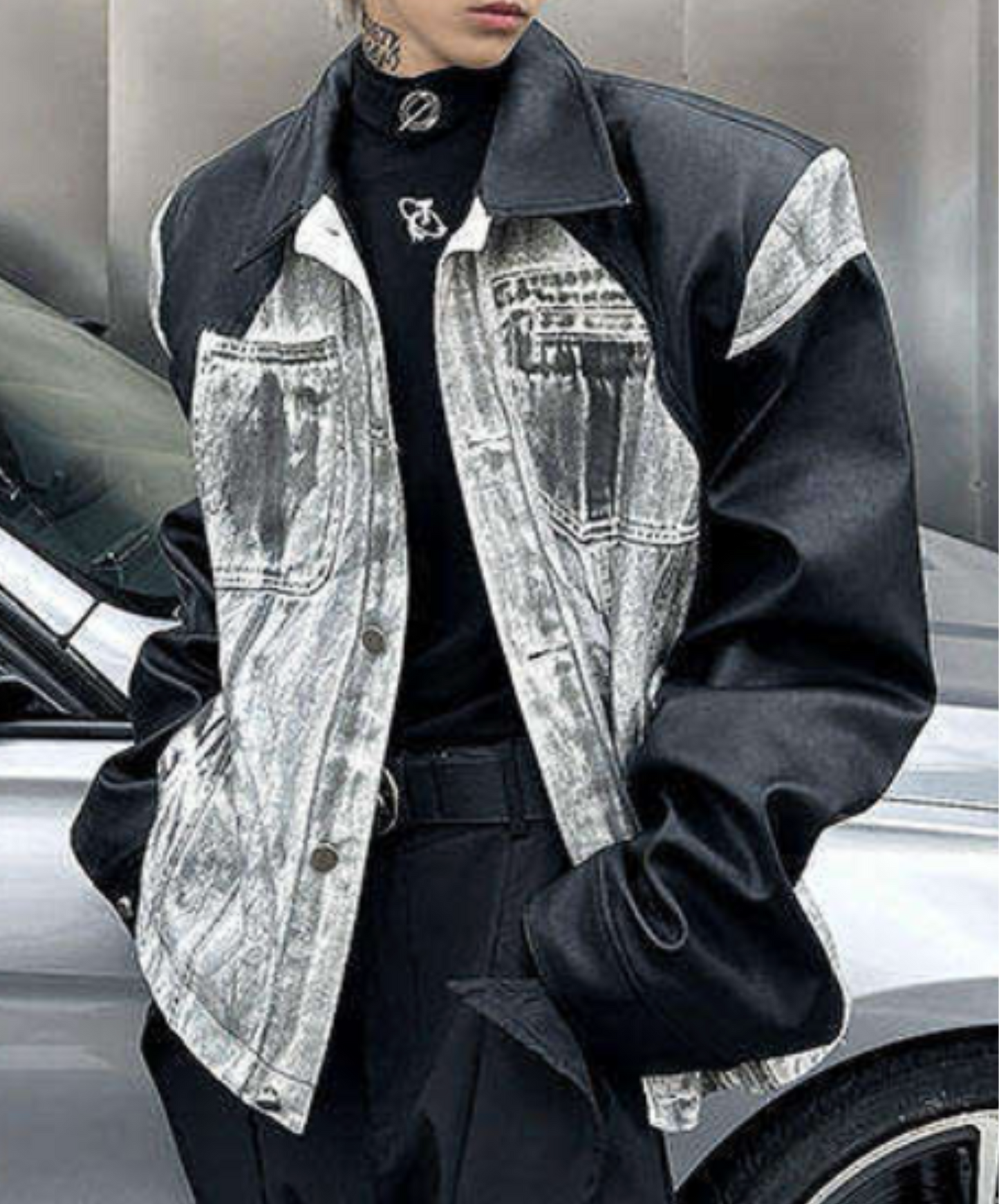 denim print x pu leather patchwork jacket EN2657