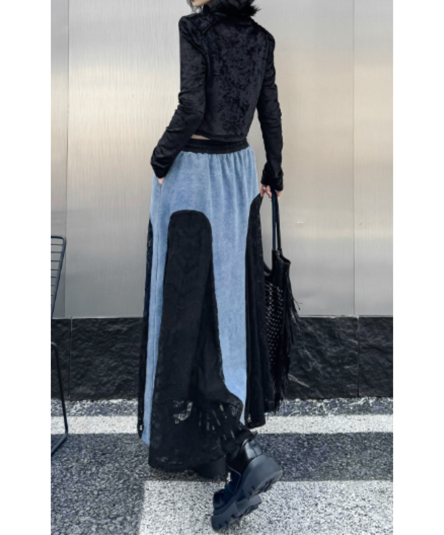 denim x lace patchwork skirt EN2894