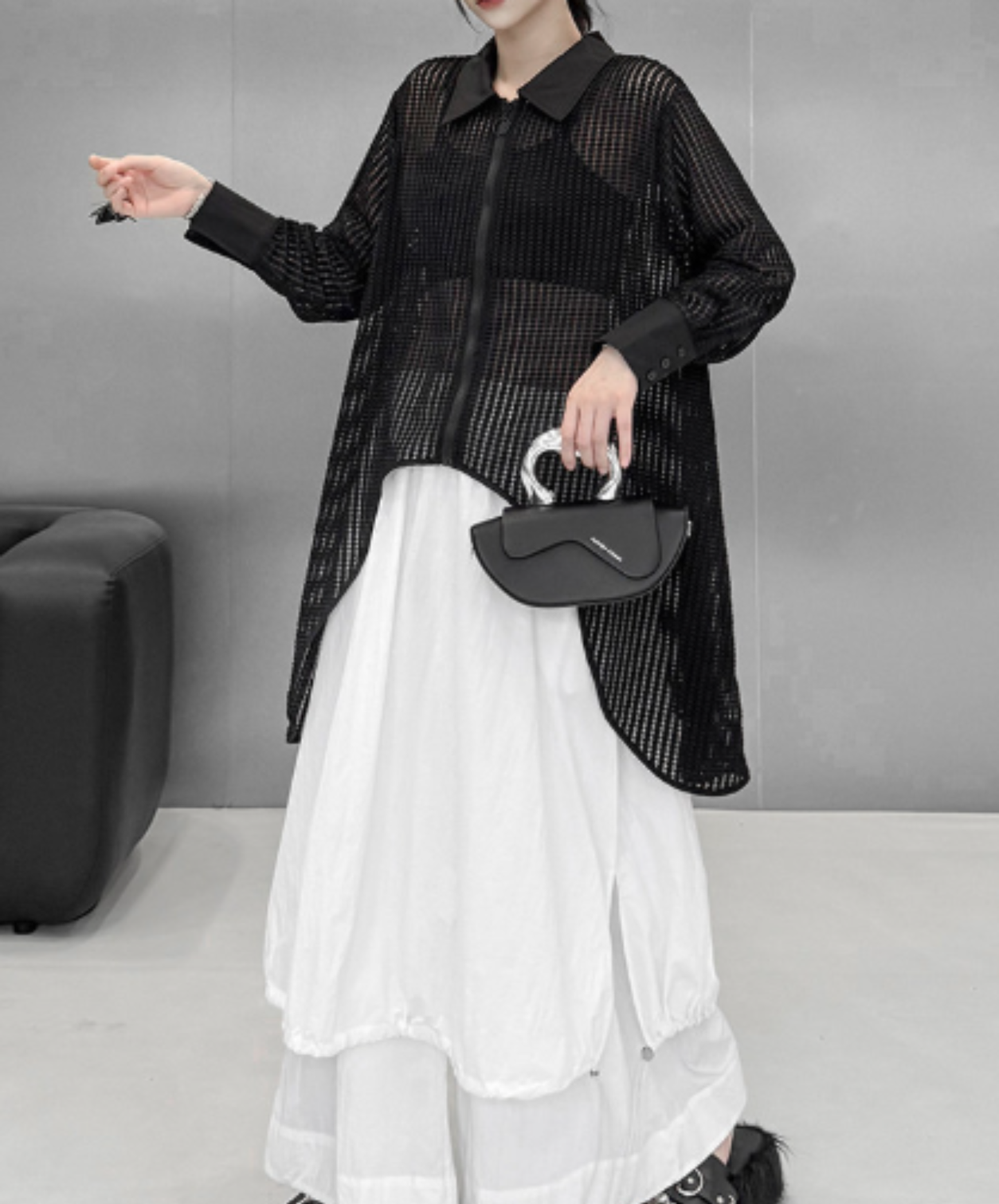 dark Irregular design ring fastener sheer shirt EN2967