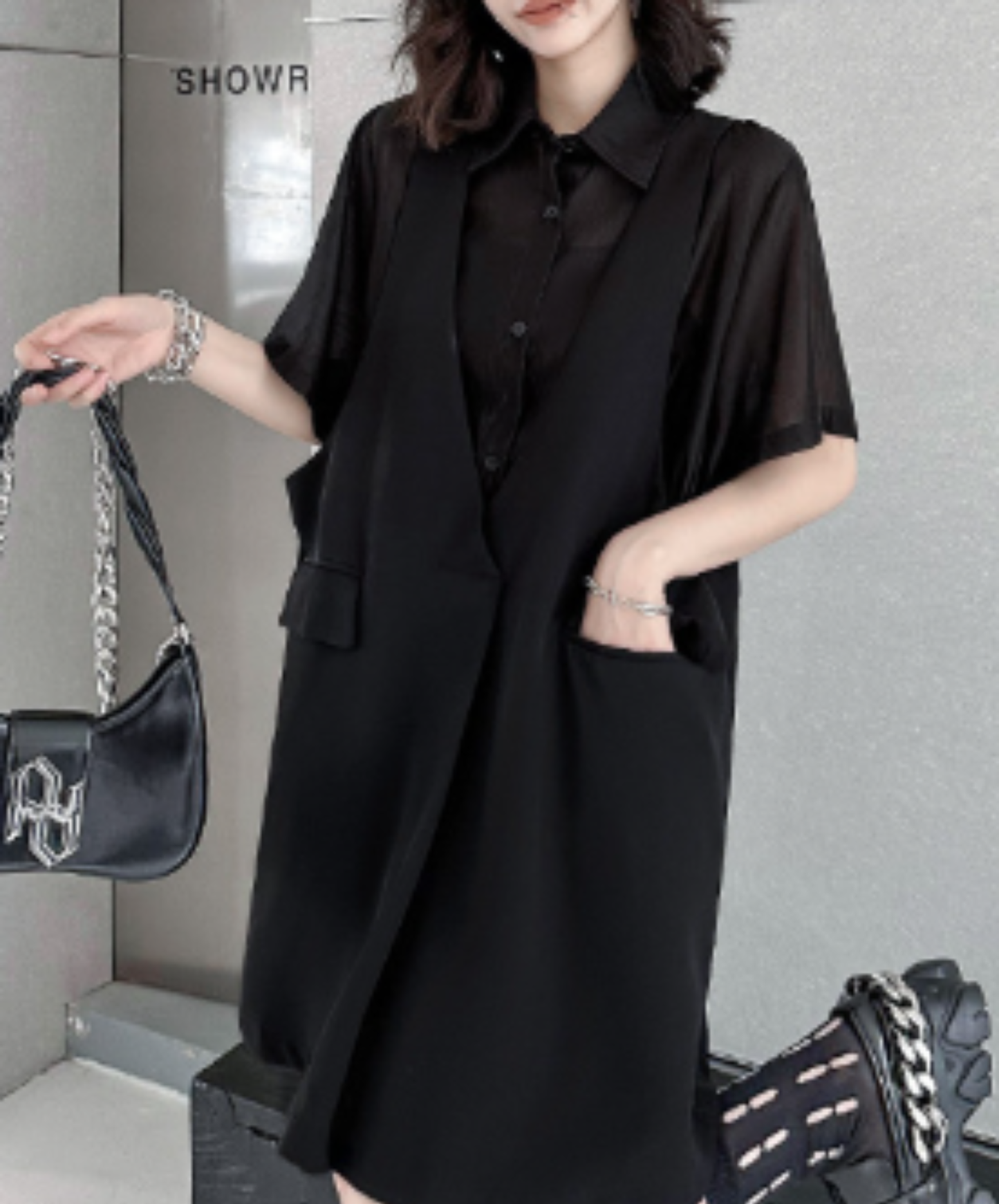 dark fake two-piece loose sheer shirt EN2977